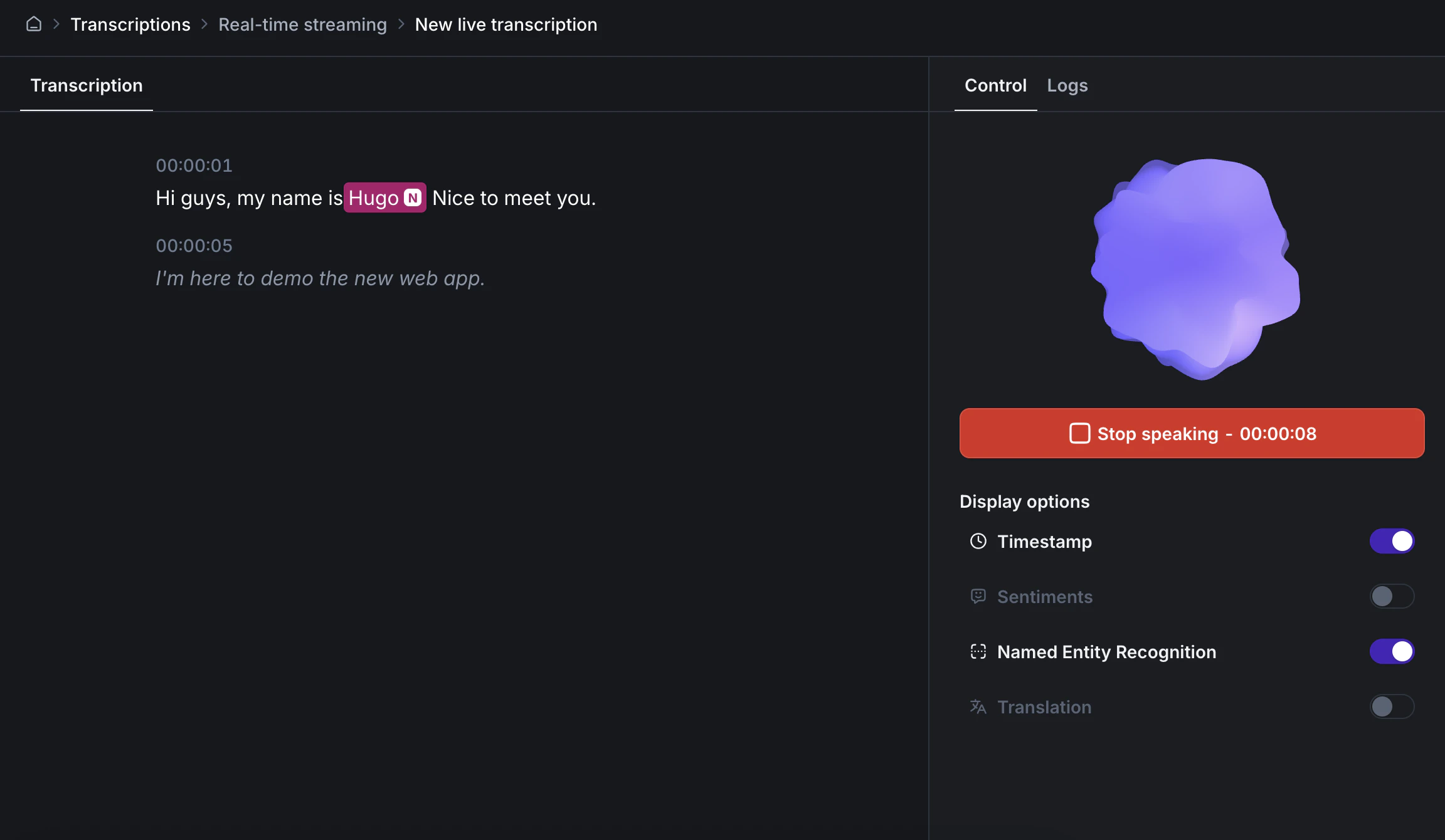 Gladia playground live transcription screen after starting capture.