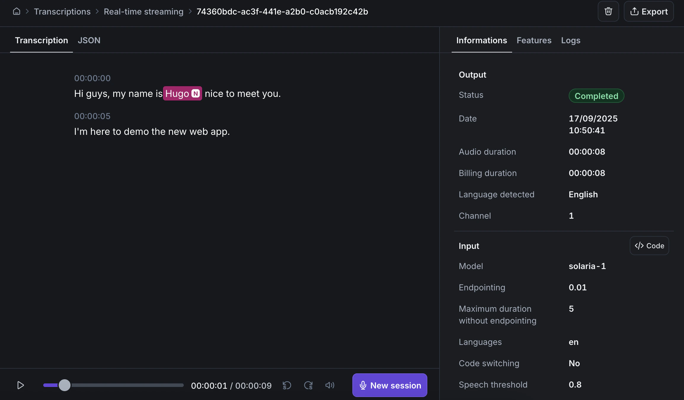 Gladia playground transcription results view with formatted transcript and JSON output.