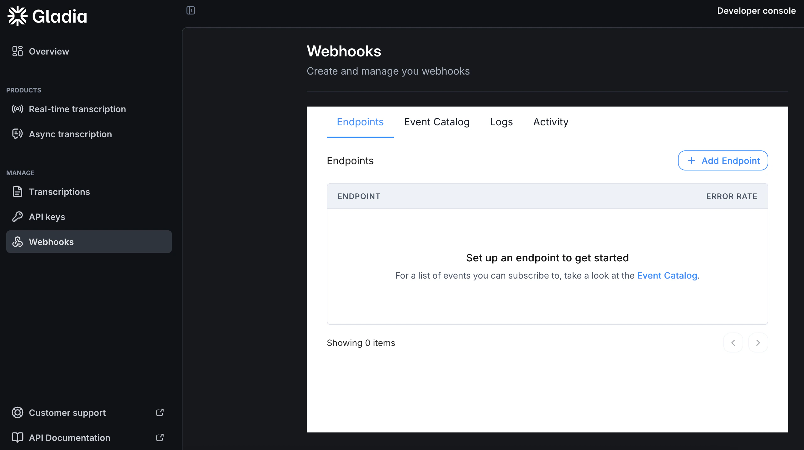 Gladia dashboard webhook settings page for configuring transcription notifications.