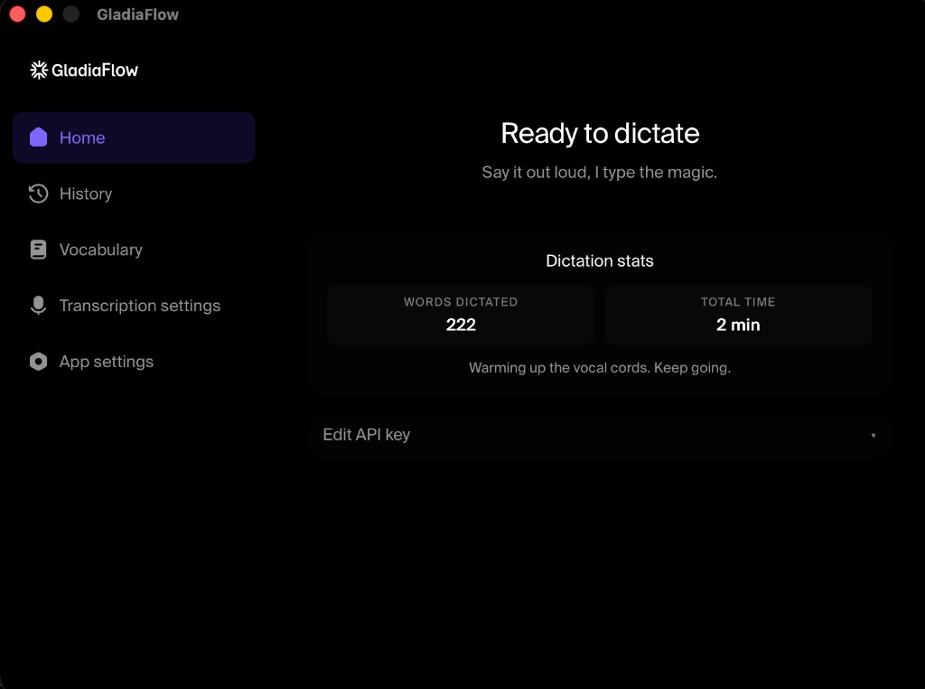 GladiaFlow home screen showing Ready to dictate and dictation stats