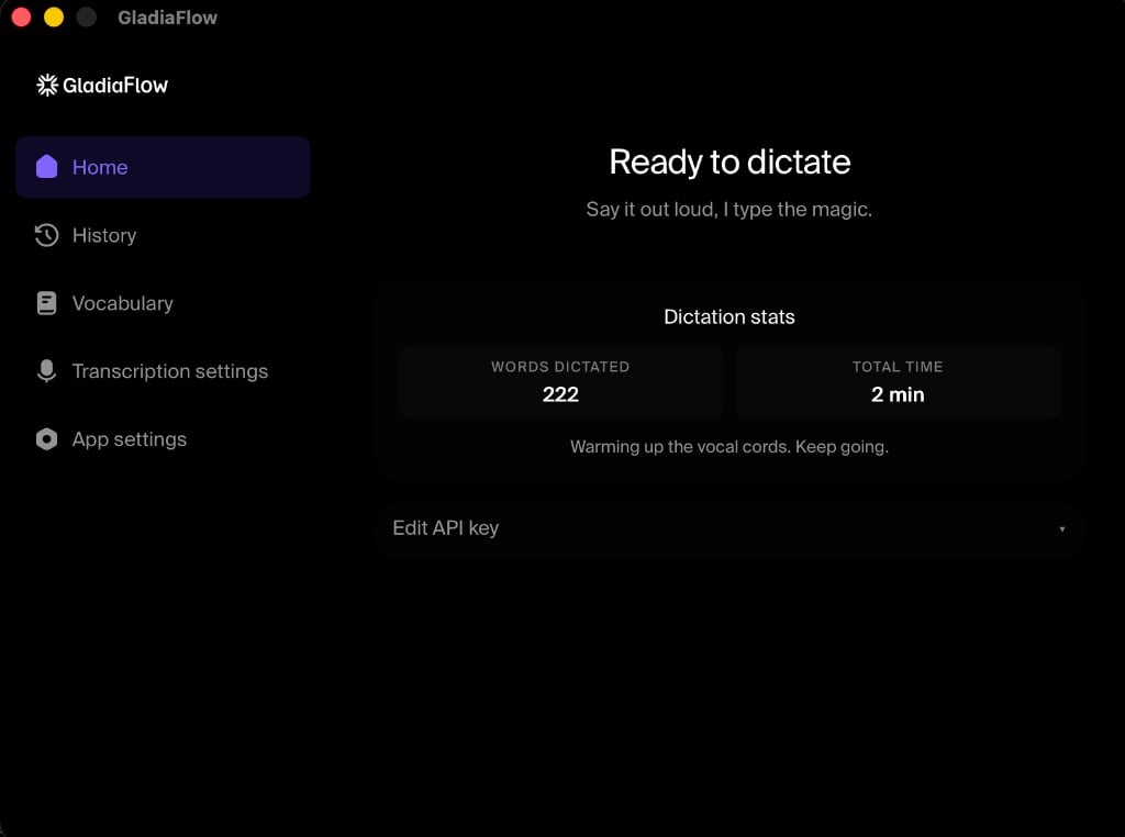 GladiaFlow home screen showing Ready to dictate and dictation stats