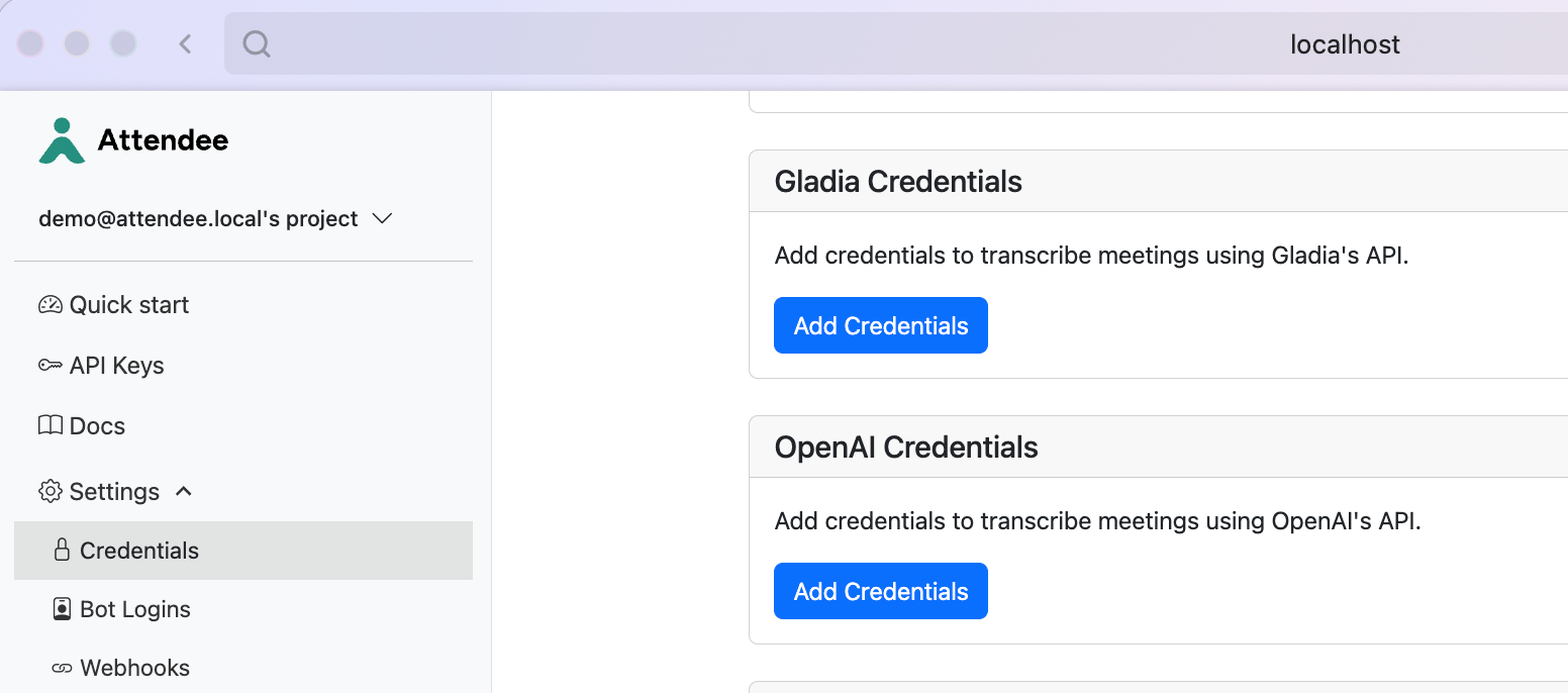 Gladia Credentials card in the Attendee Settings → Credentials page