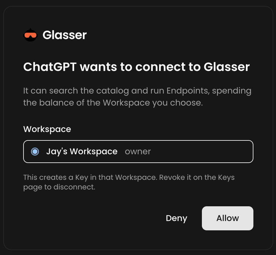 Glasser authorization page for ChatGPT with a Workspace selected and the Allow button