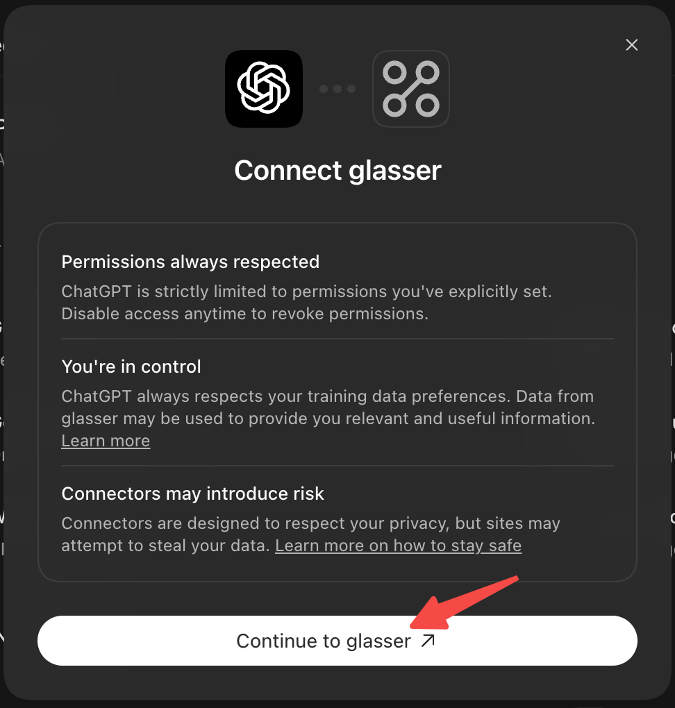 ChatGPT Connect glasser dialog with an arrow pointing to Continue to glasser