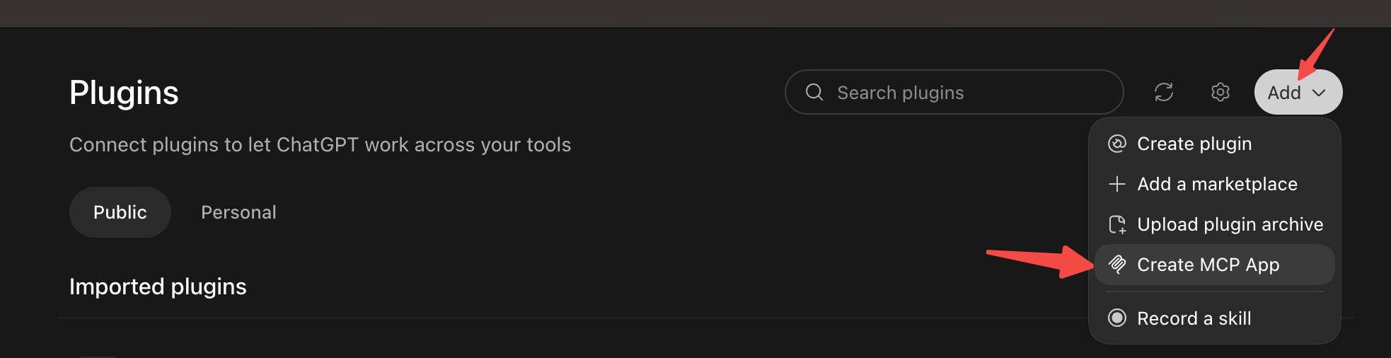 ChatGPT Plugins page with arrows pointing to Add and Create MCP App