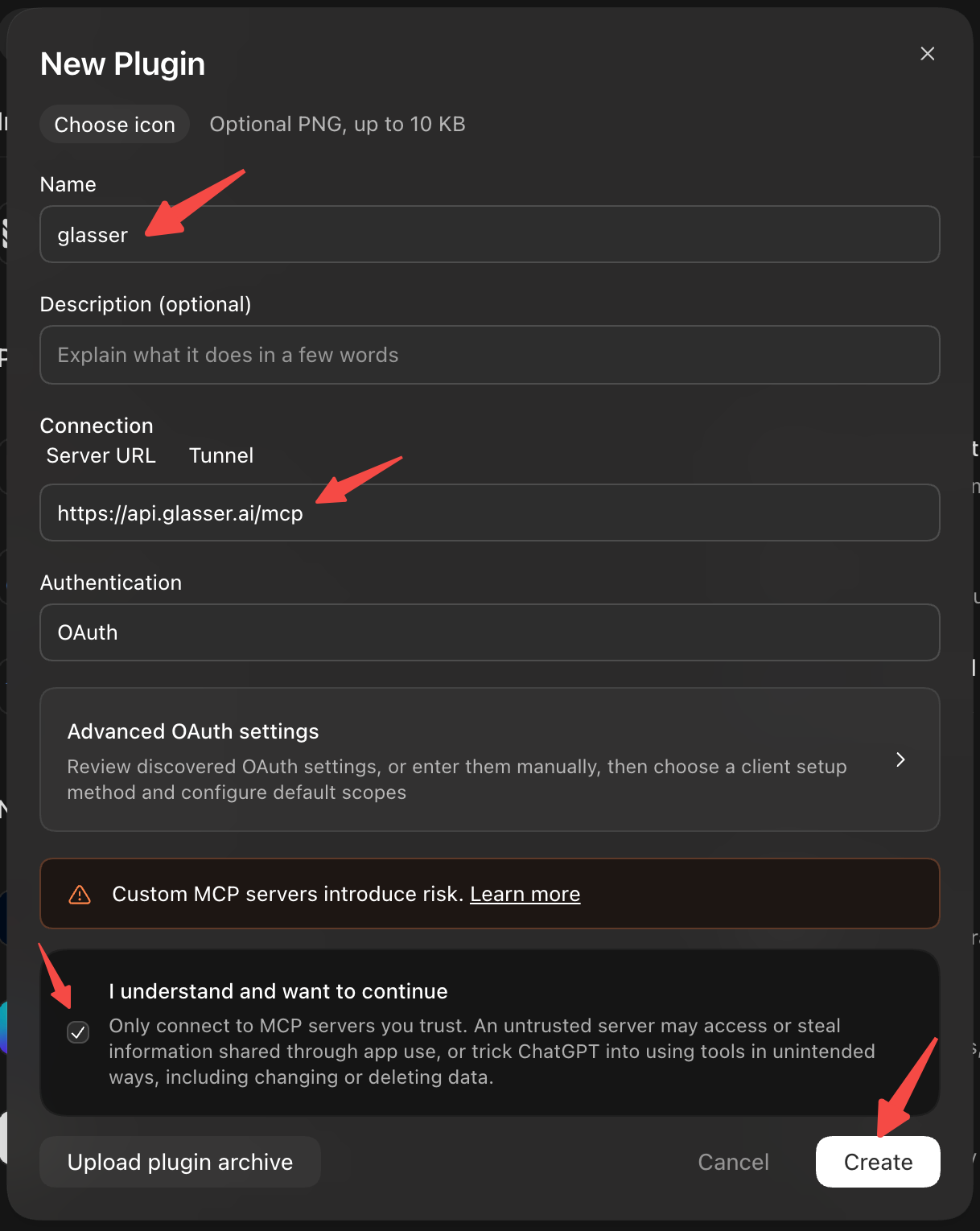 ChatGPT New Plugin form with the glasser name, Glasser server URL, OAuth authentication, confirmation checkbox, and Create button