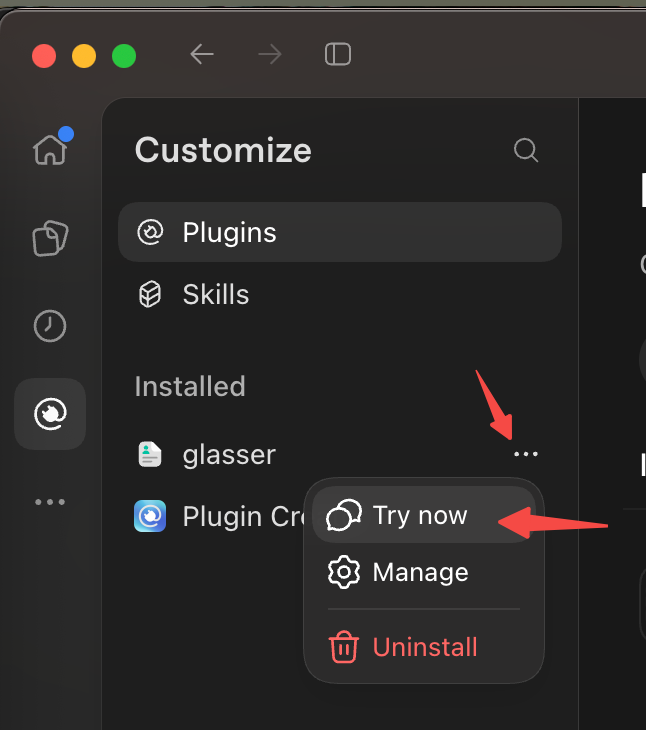 Installed glasser plugin in ChatGPT with arrows pointing to its menu and Try now