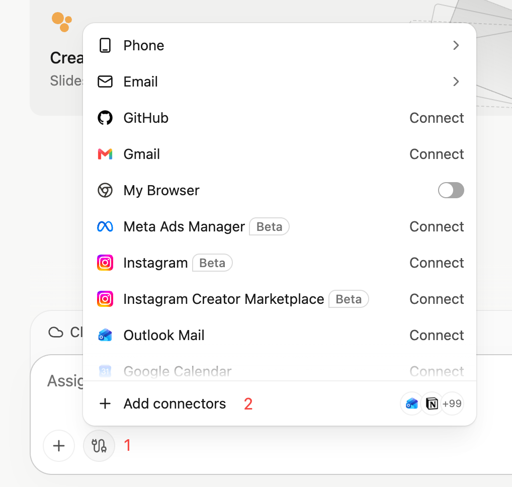 Manus task input with the connectors icon marked 1 and Add connectors marked 2