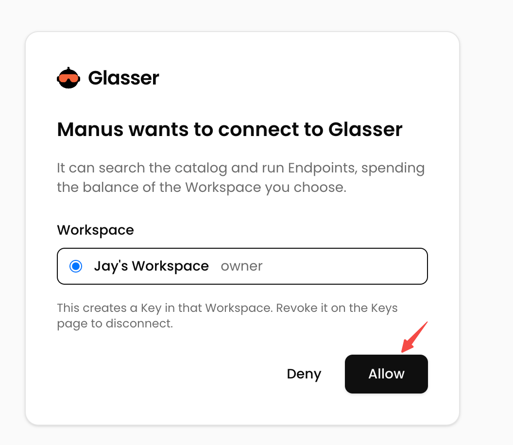 Glasser authorization page for Manus with a Workspace selected and an arrow pointing to Allow