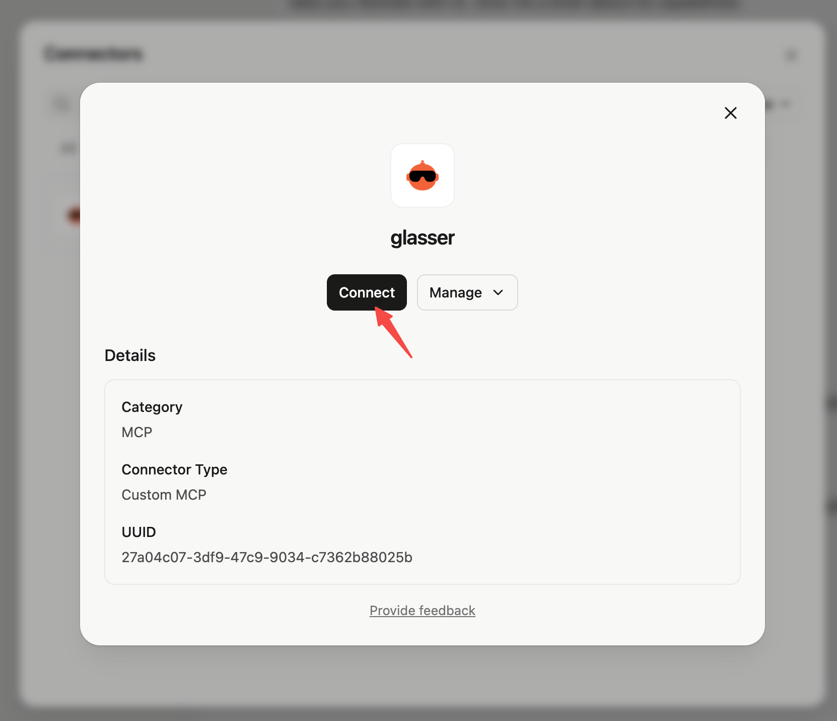 Saved glasser connector in Manus with an arrow pointing to Connect