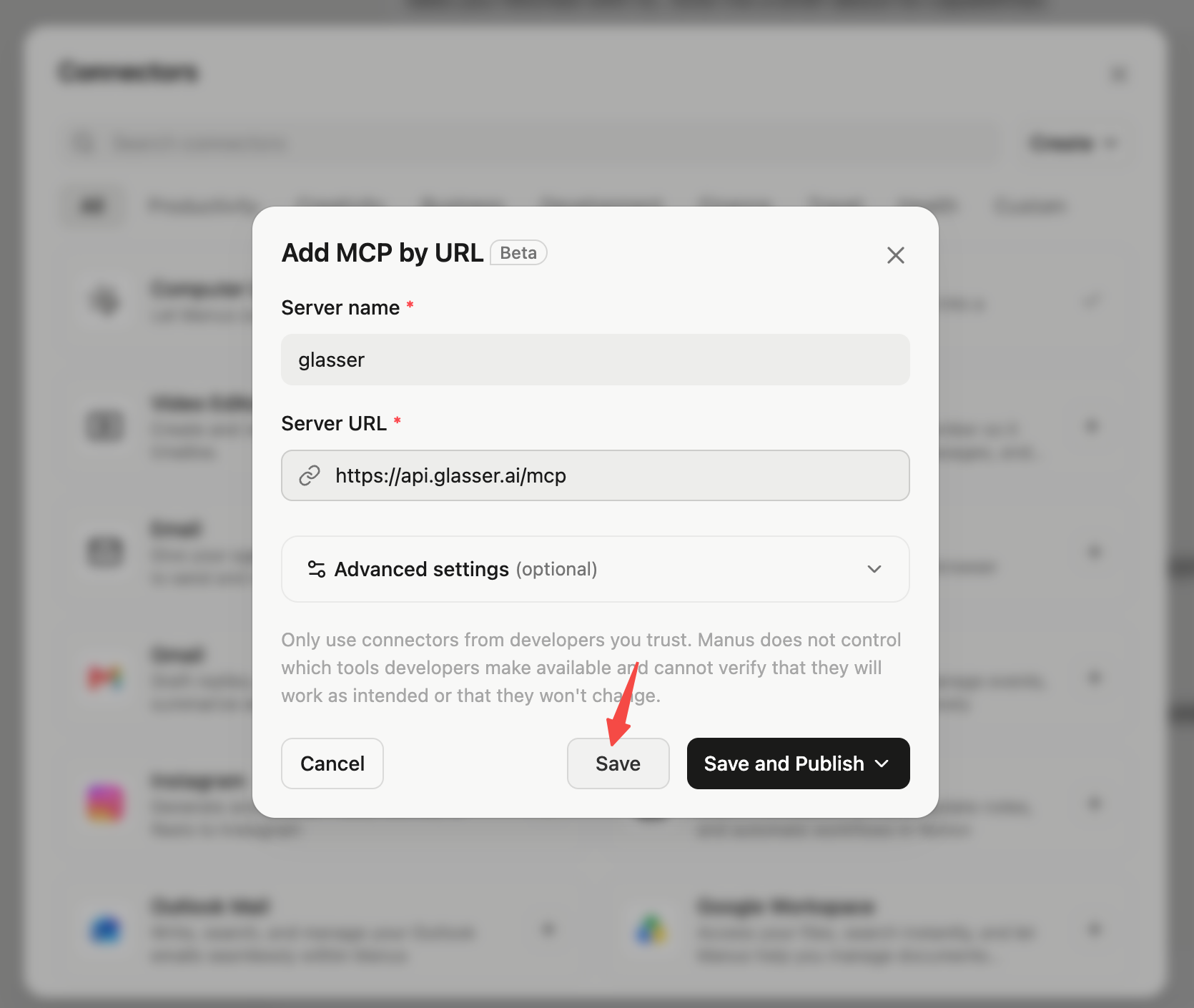 Manus Add MCP by URL form with the Glasser server details and an arrow pointing to Save