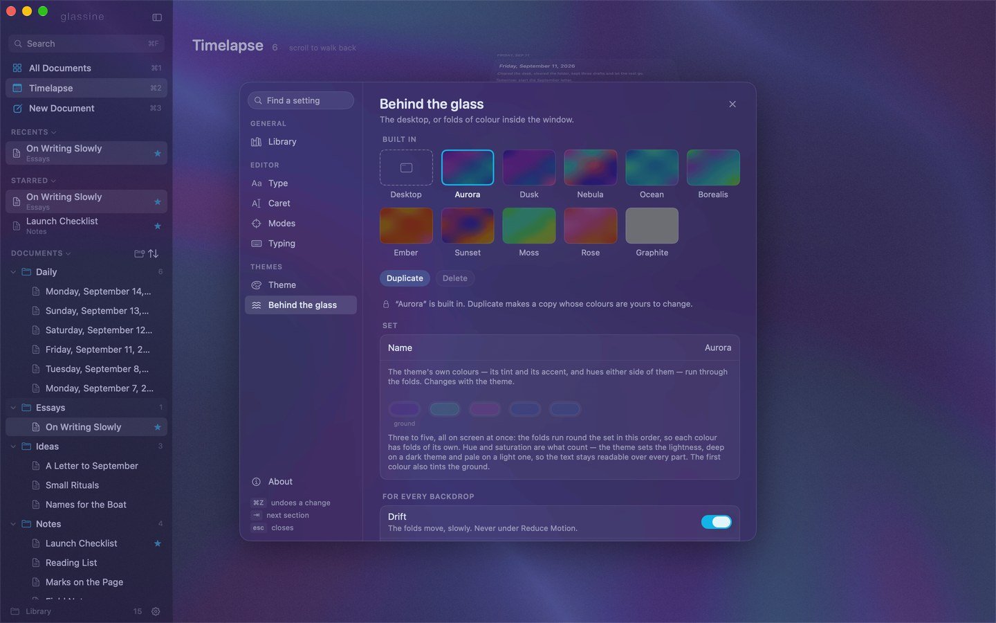 Settings → Look: tiles of the looks, the chosen one's folds showing through the card