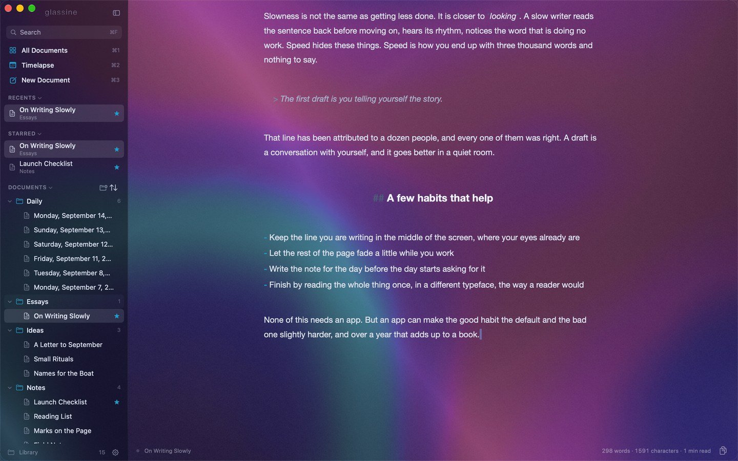 An essay open on a sheet of dark glass, the library in a sidebar on the left