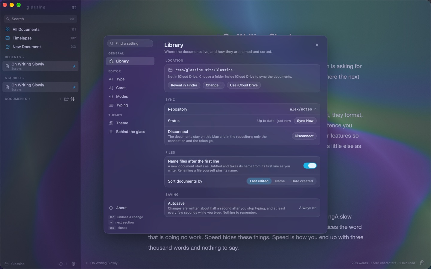 Settings, Library: Sync with GitHub connected to a private repository and up to date