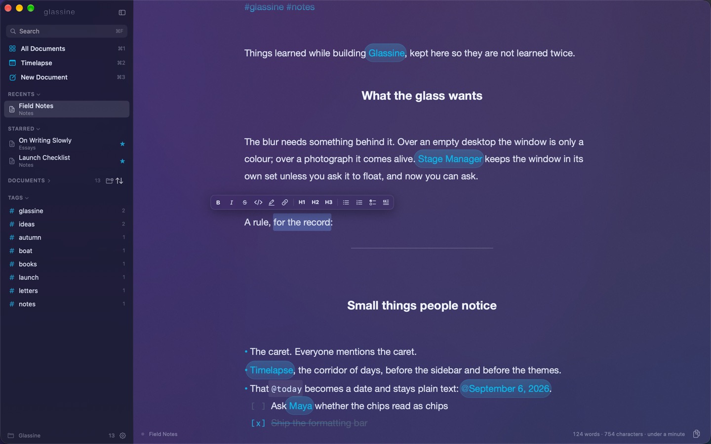 The formatting bar over a selection, chips in capsules and a horizontal rule, with the Markdown syntax hidden