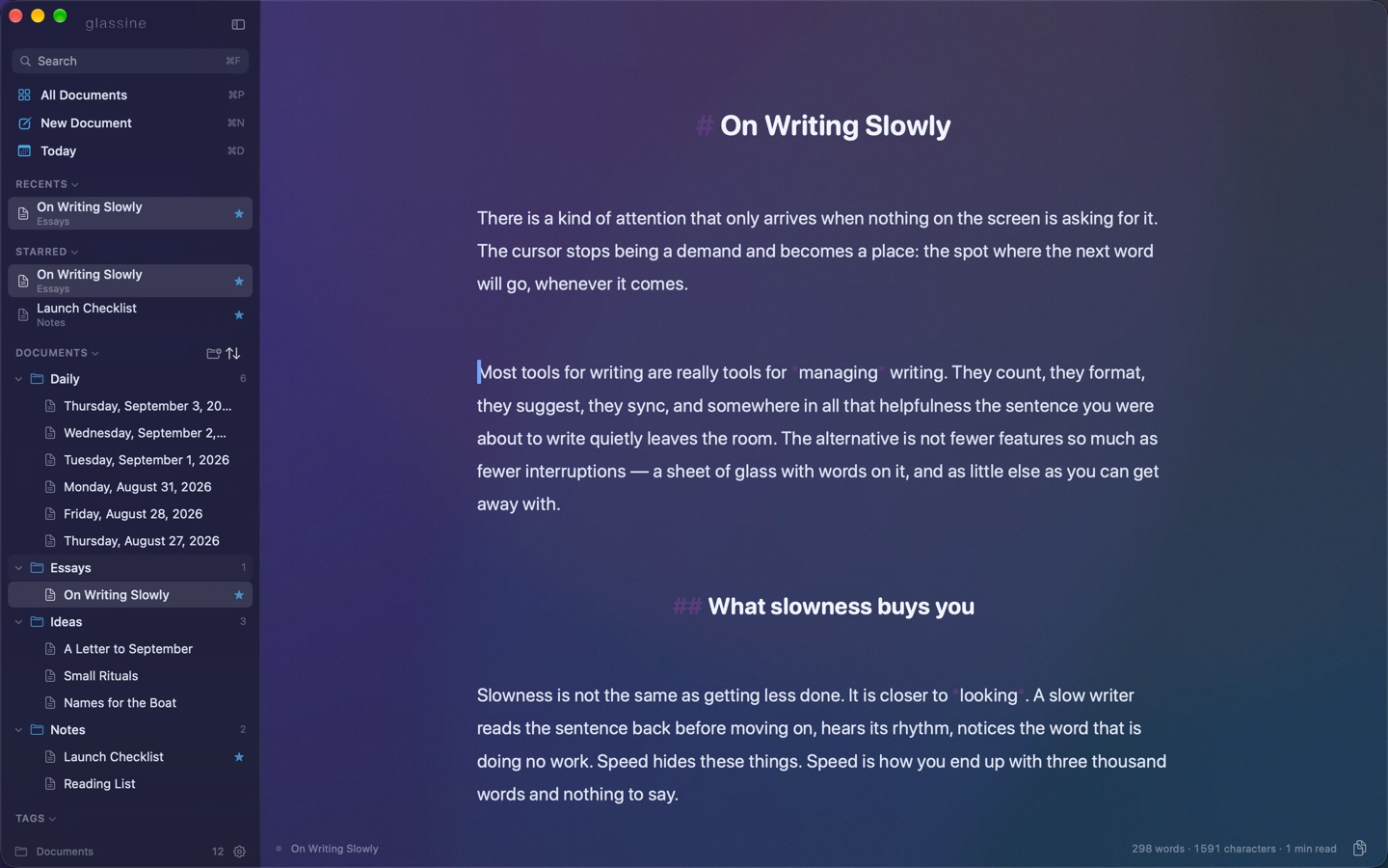 An essay open on a sheet of dark glass, the library in a sidebar on the left