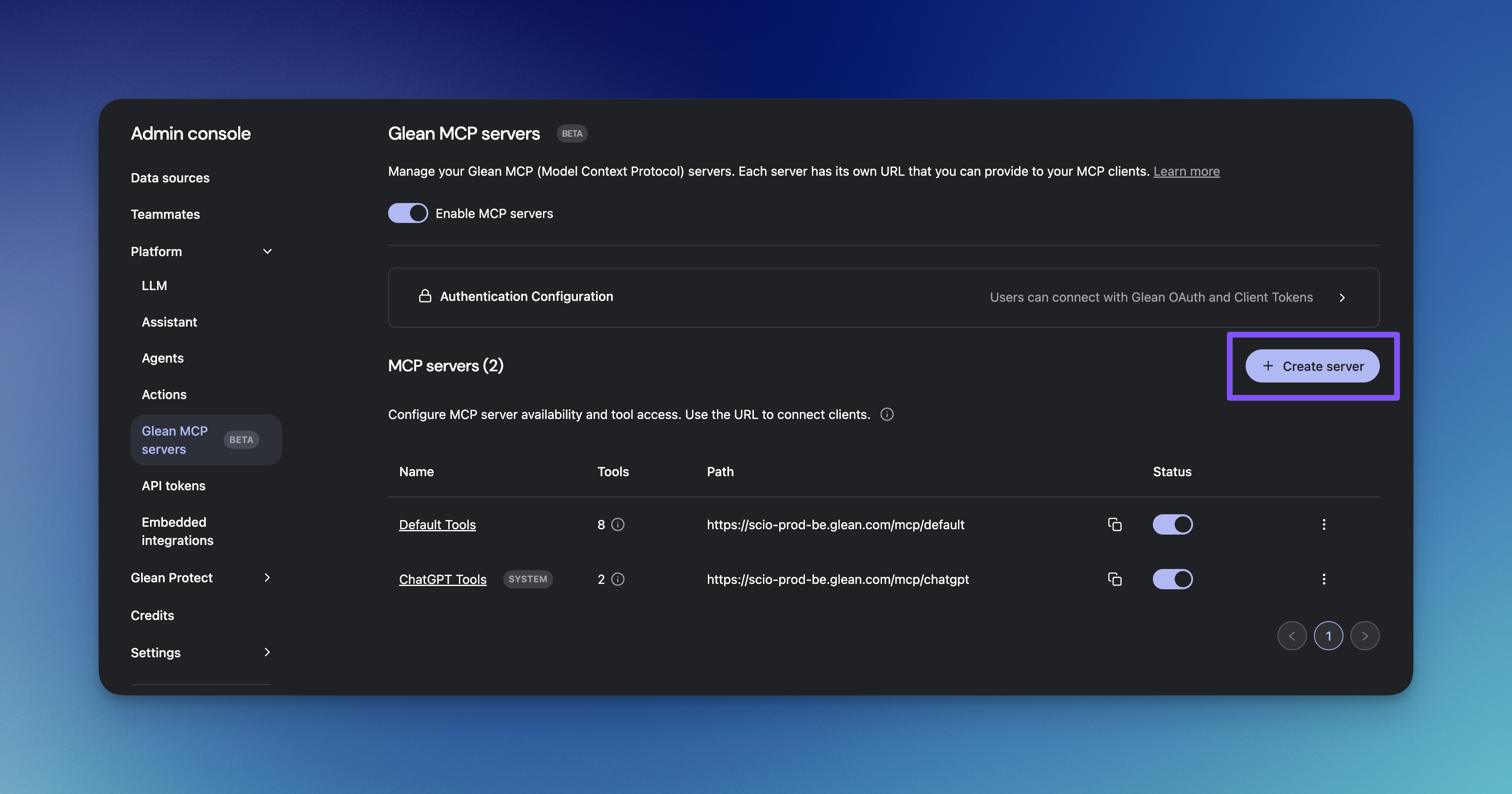 MCP servers admin page