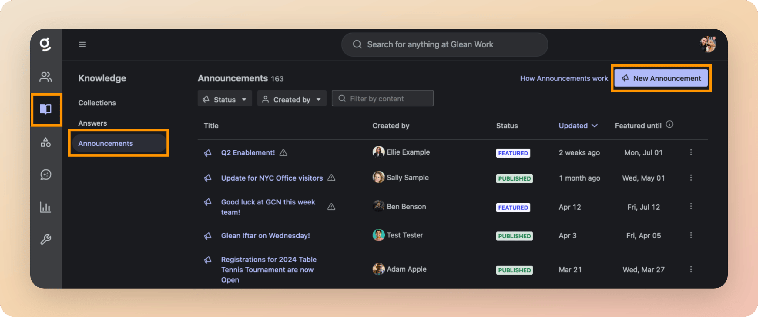Announcements are a great way to promote updates for your teammates to see