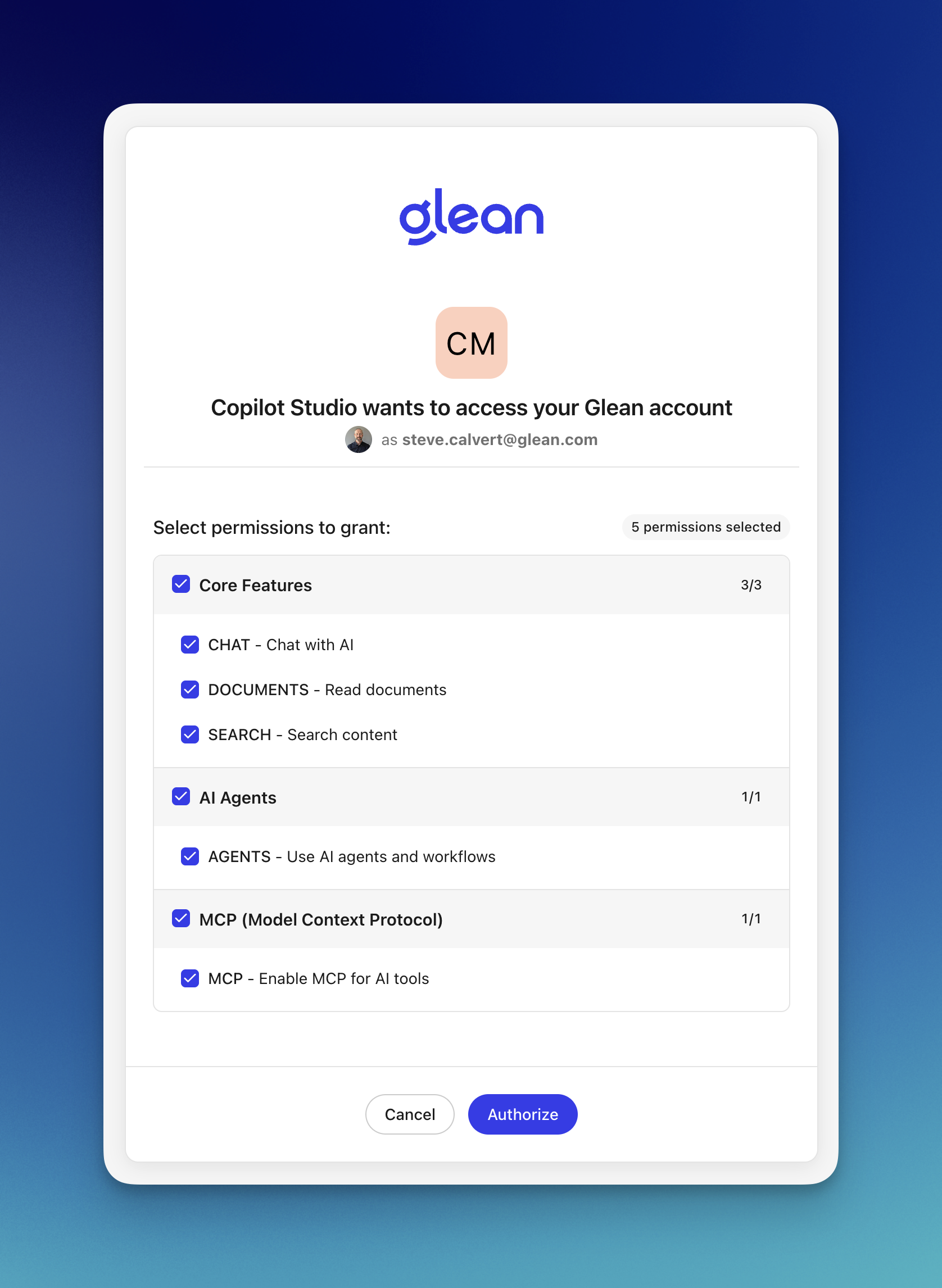 Glean OAuth authorize page