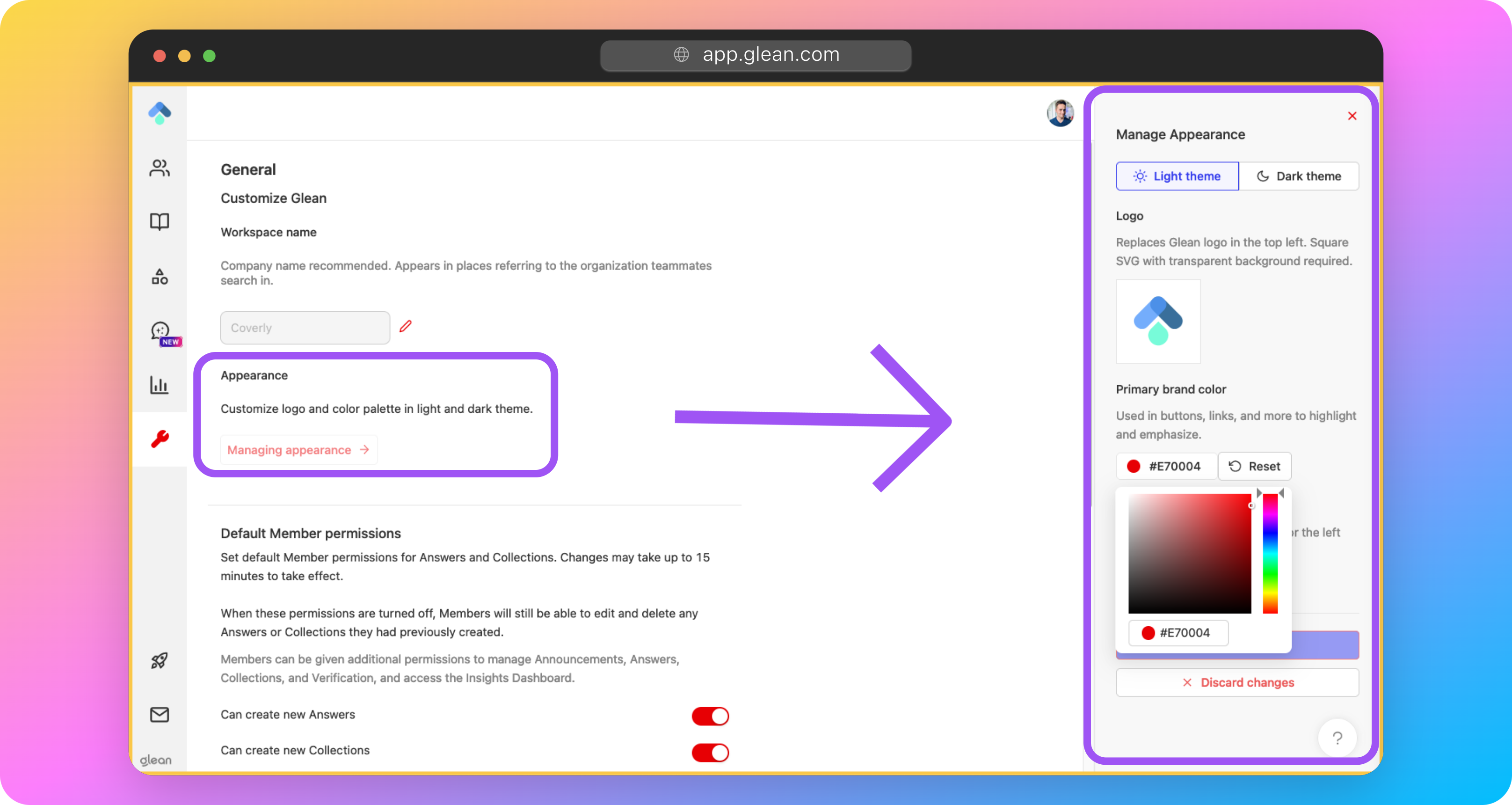The branding menu allows the customization of the logo and color palette used throughout the Glean UI