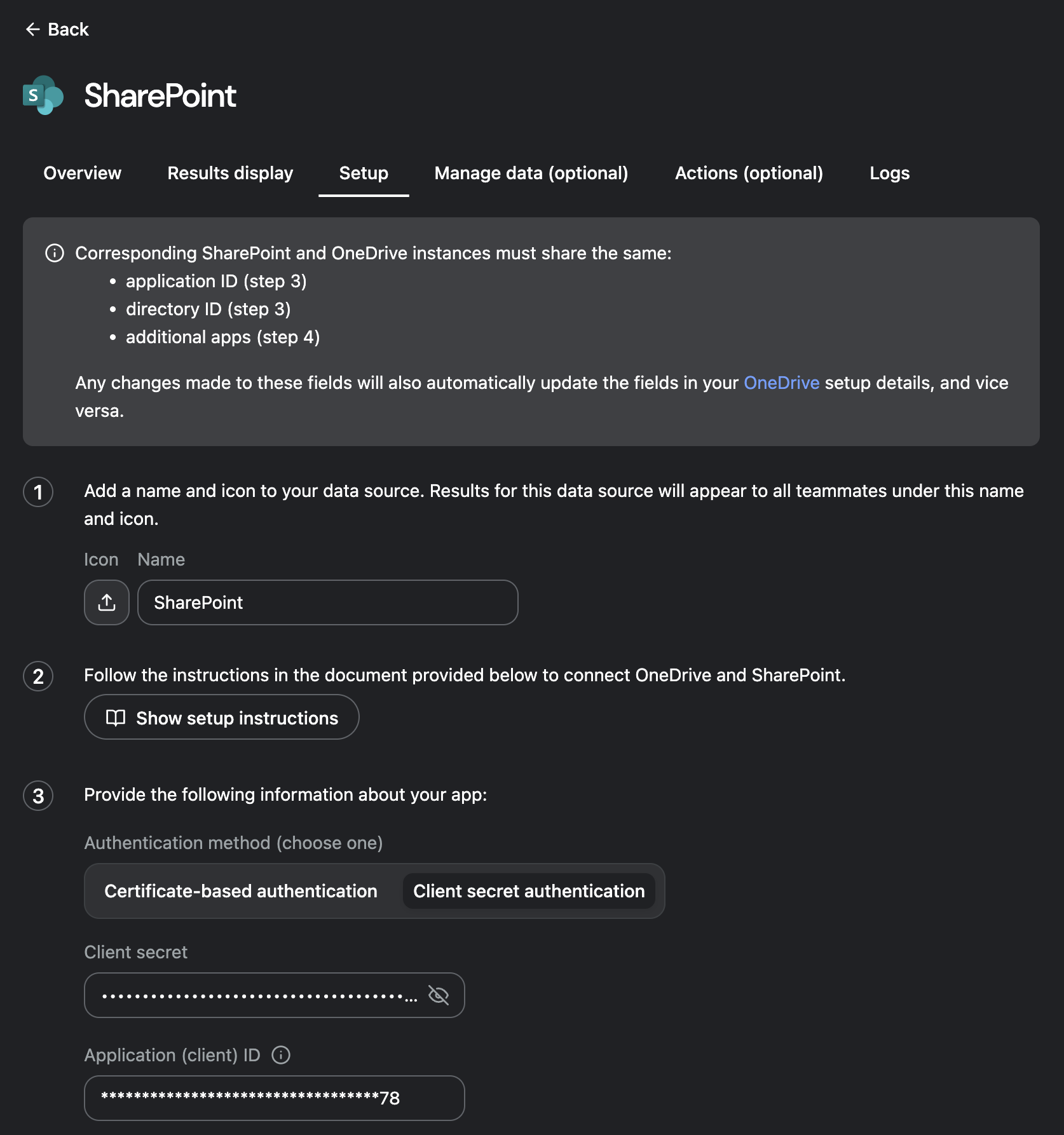 SharePoint connector configuration page