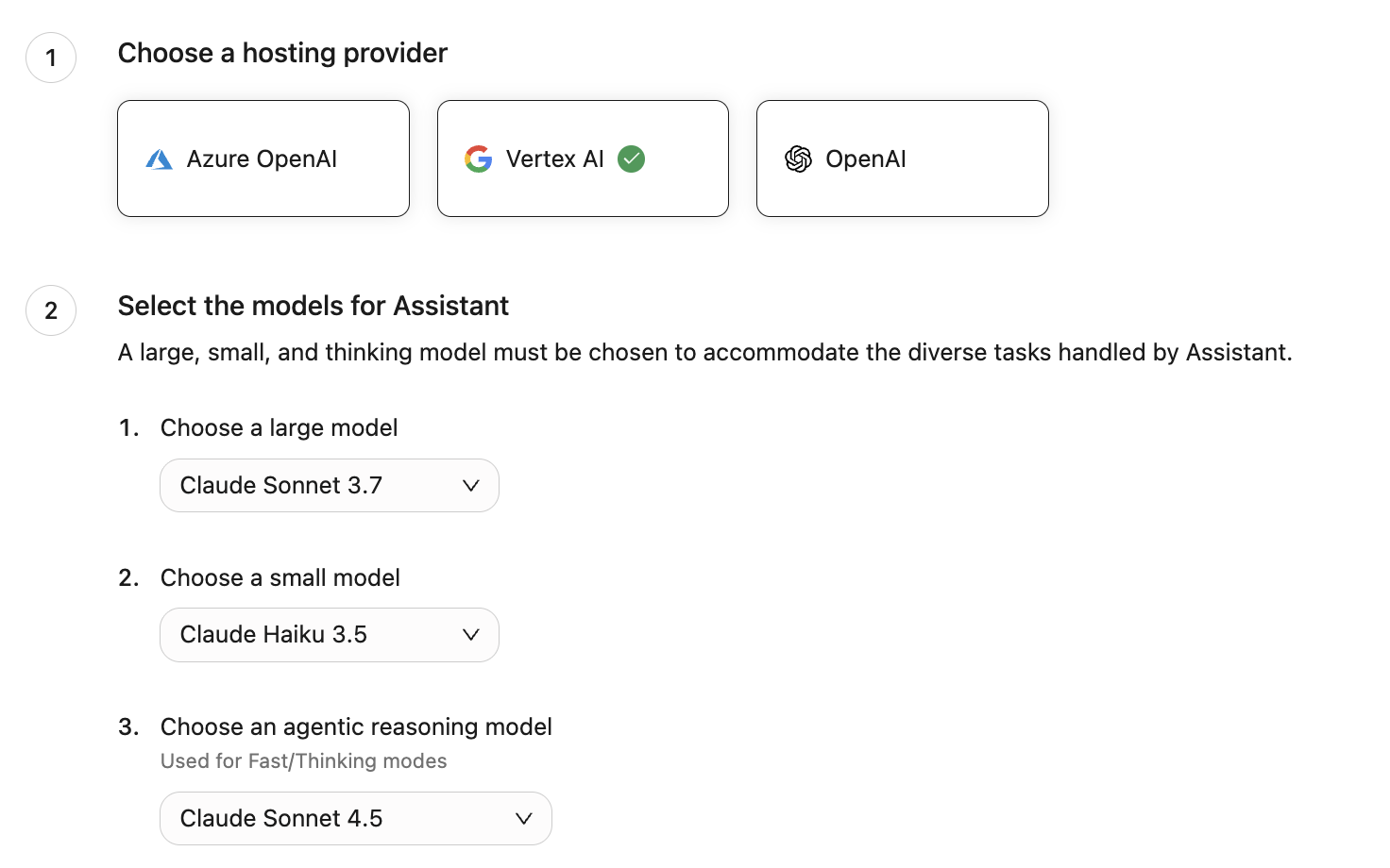 A screenshot of the Glean admin interface for selecting LLM models. Vertex AI is chosen as the hosting provider. Claude Sonnet 3.7 is selected for the large model, Claude Haiku 3.5 for the small model, and Claude Sonnet 4.5 for the agentic reasoning model.