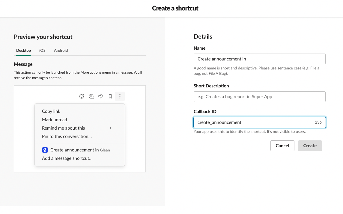 Shortcut configuration settings