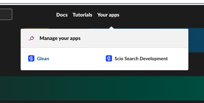 Slack API Console showing Glean selection