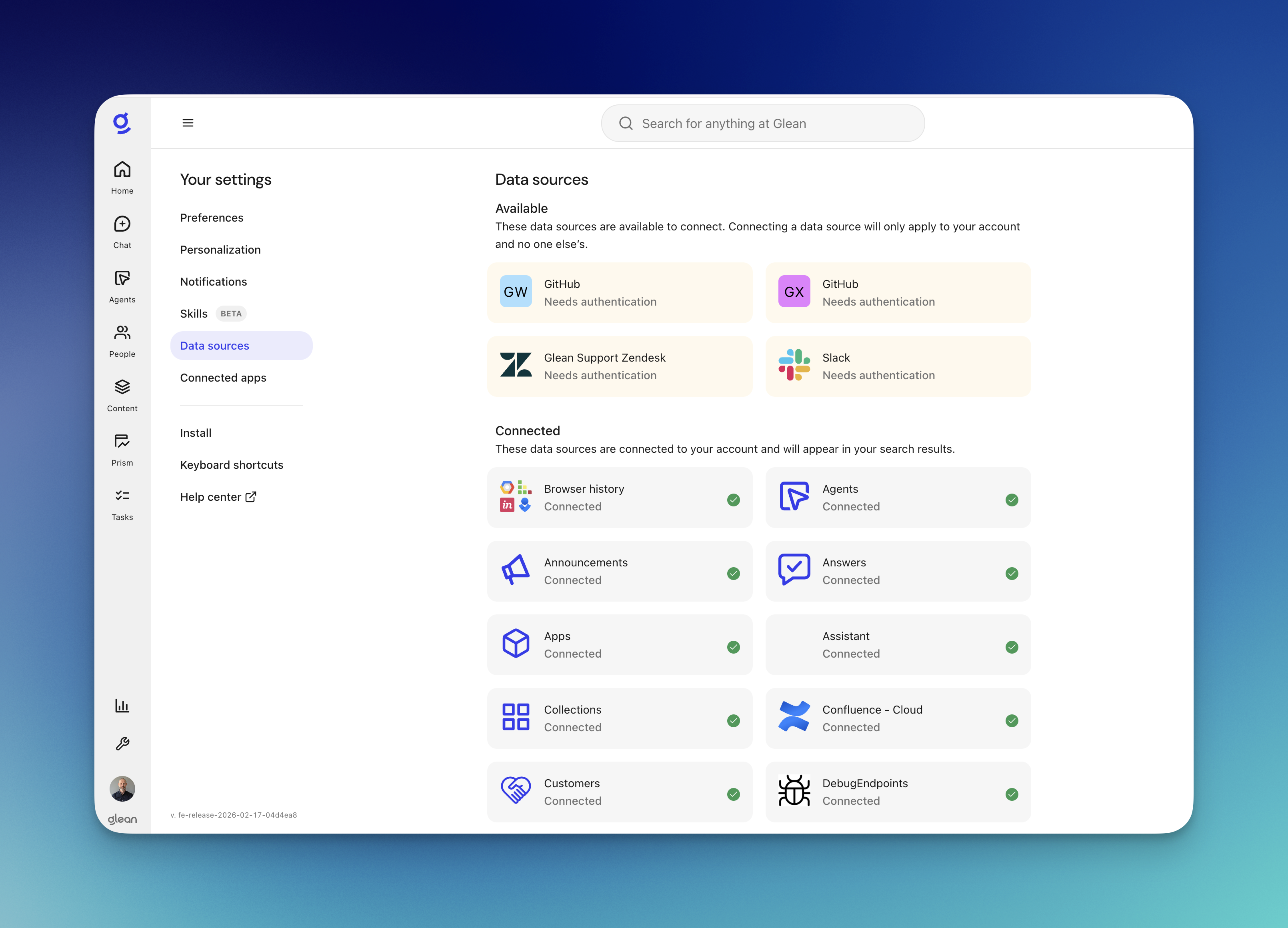 Glean data sources settings page showing available and connected data sources