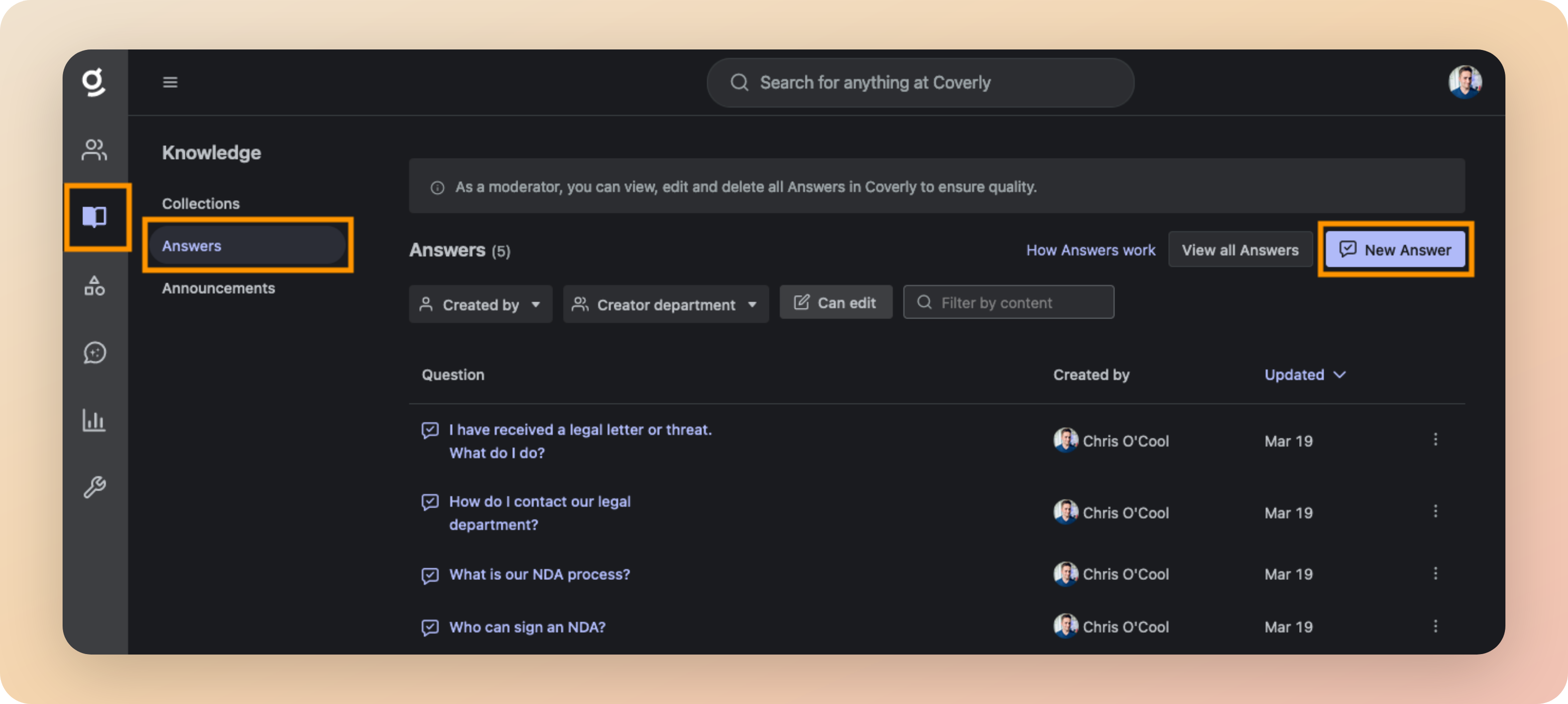 Answers are automatically surfaced in search results in response to relevant queries