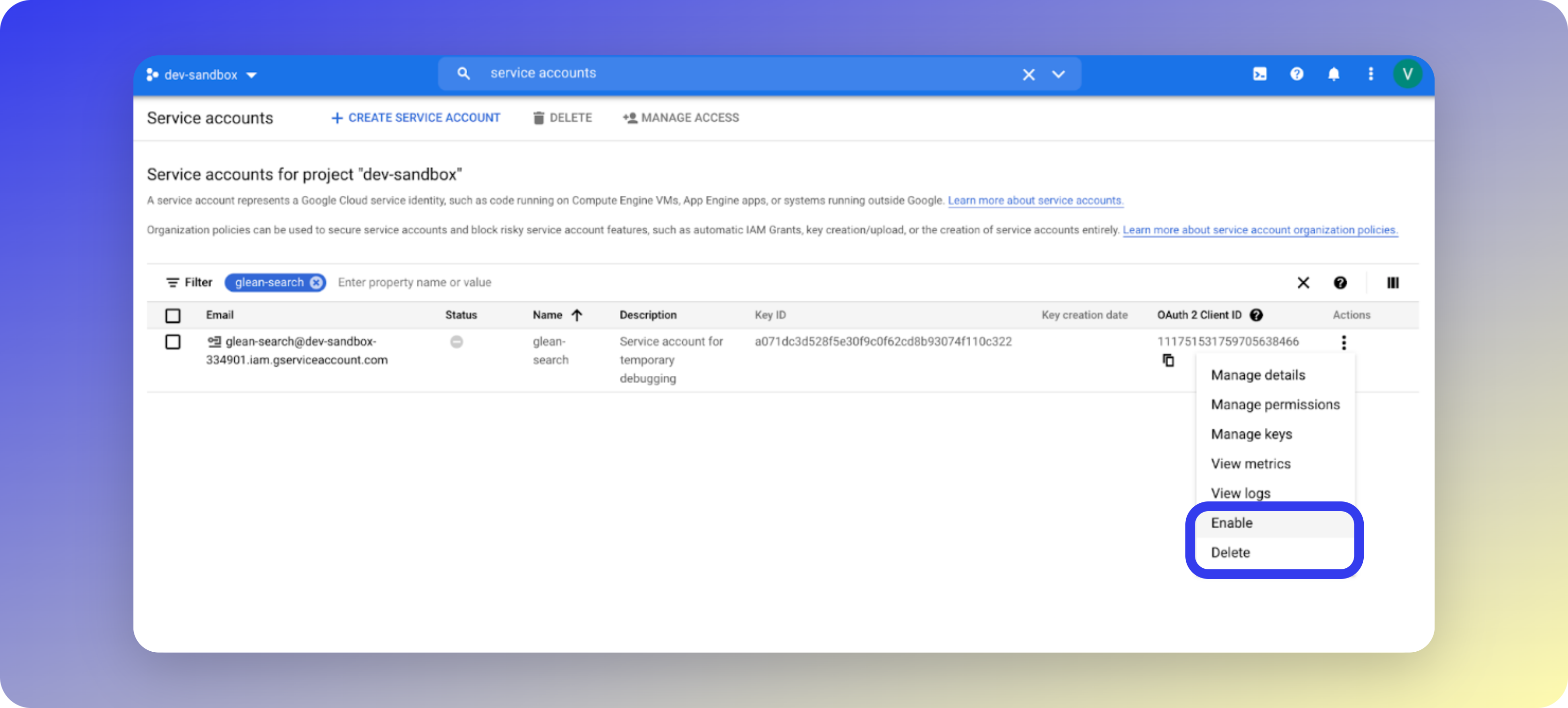 Service Account Menu