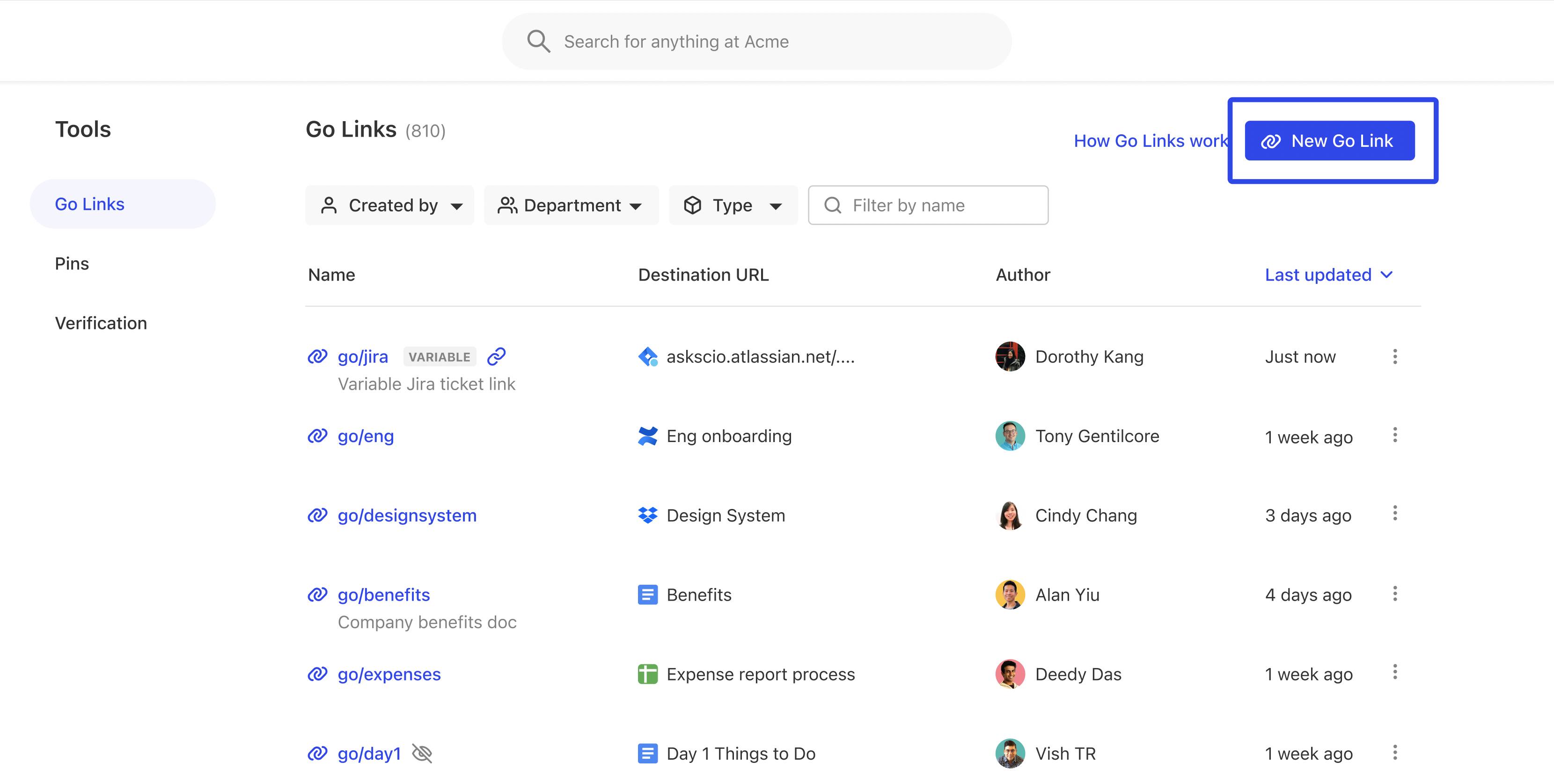 Go Links Dashboard