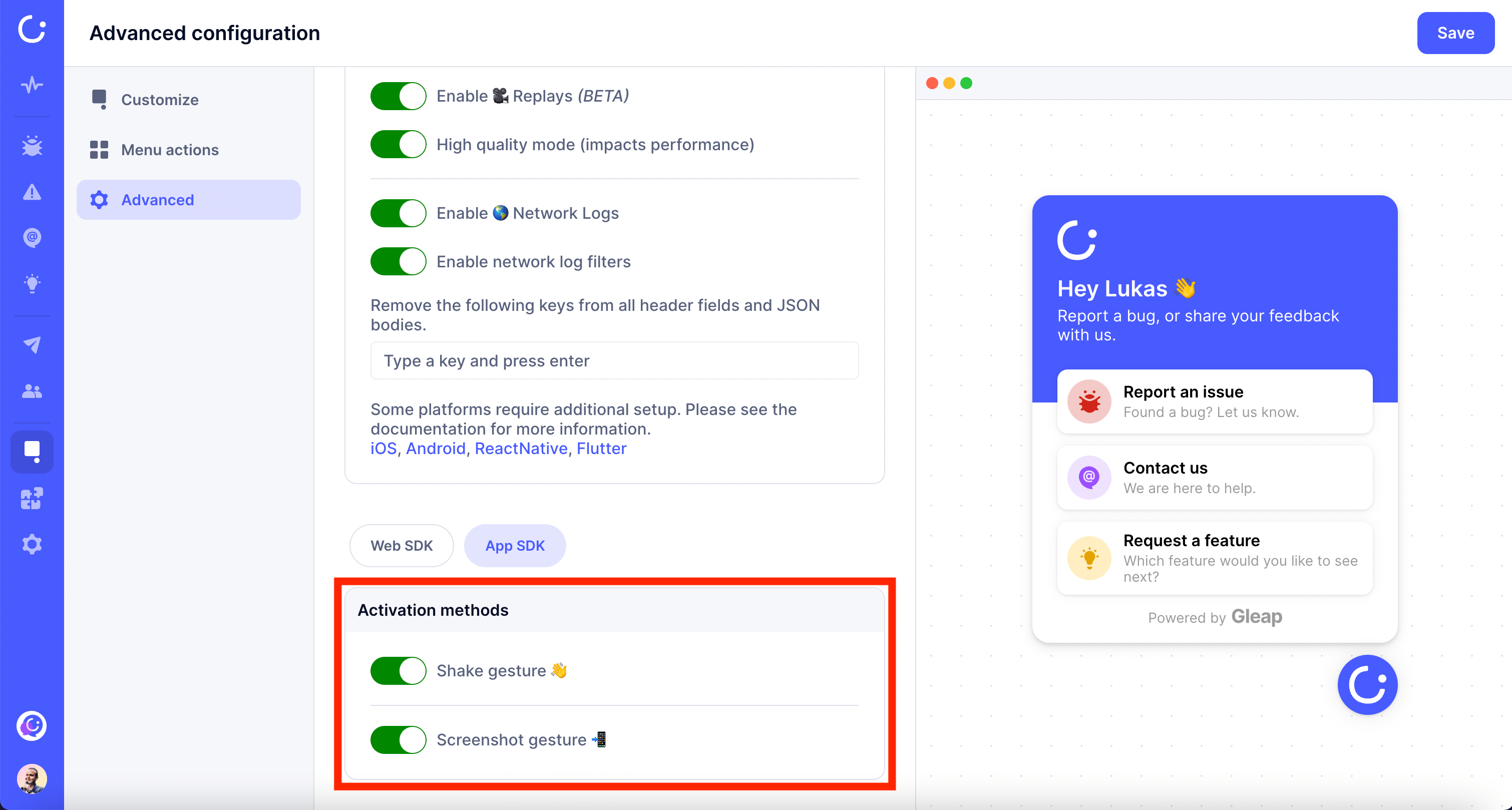Activation methods in our visual widget configurator