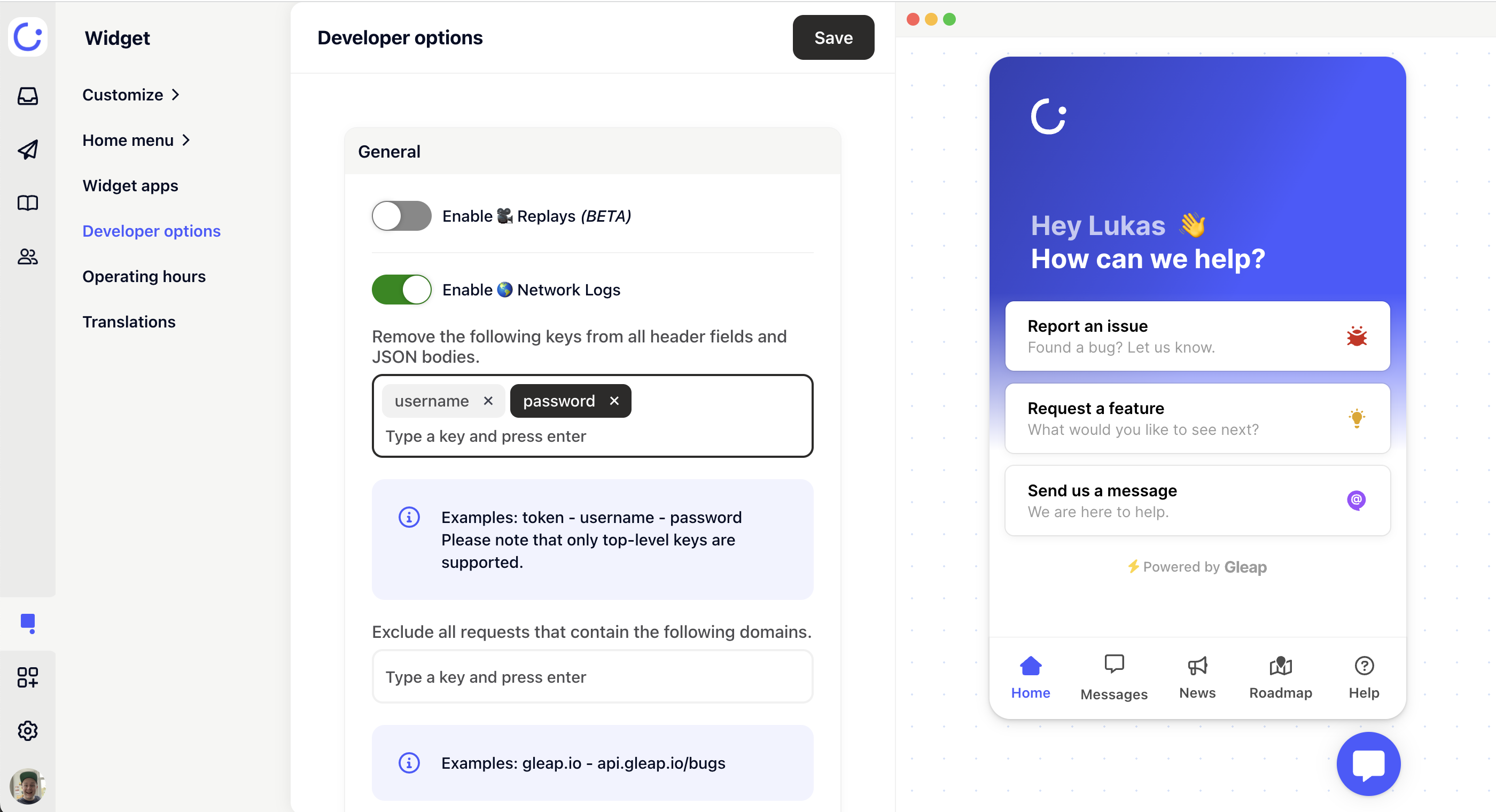Network log filters