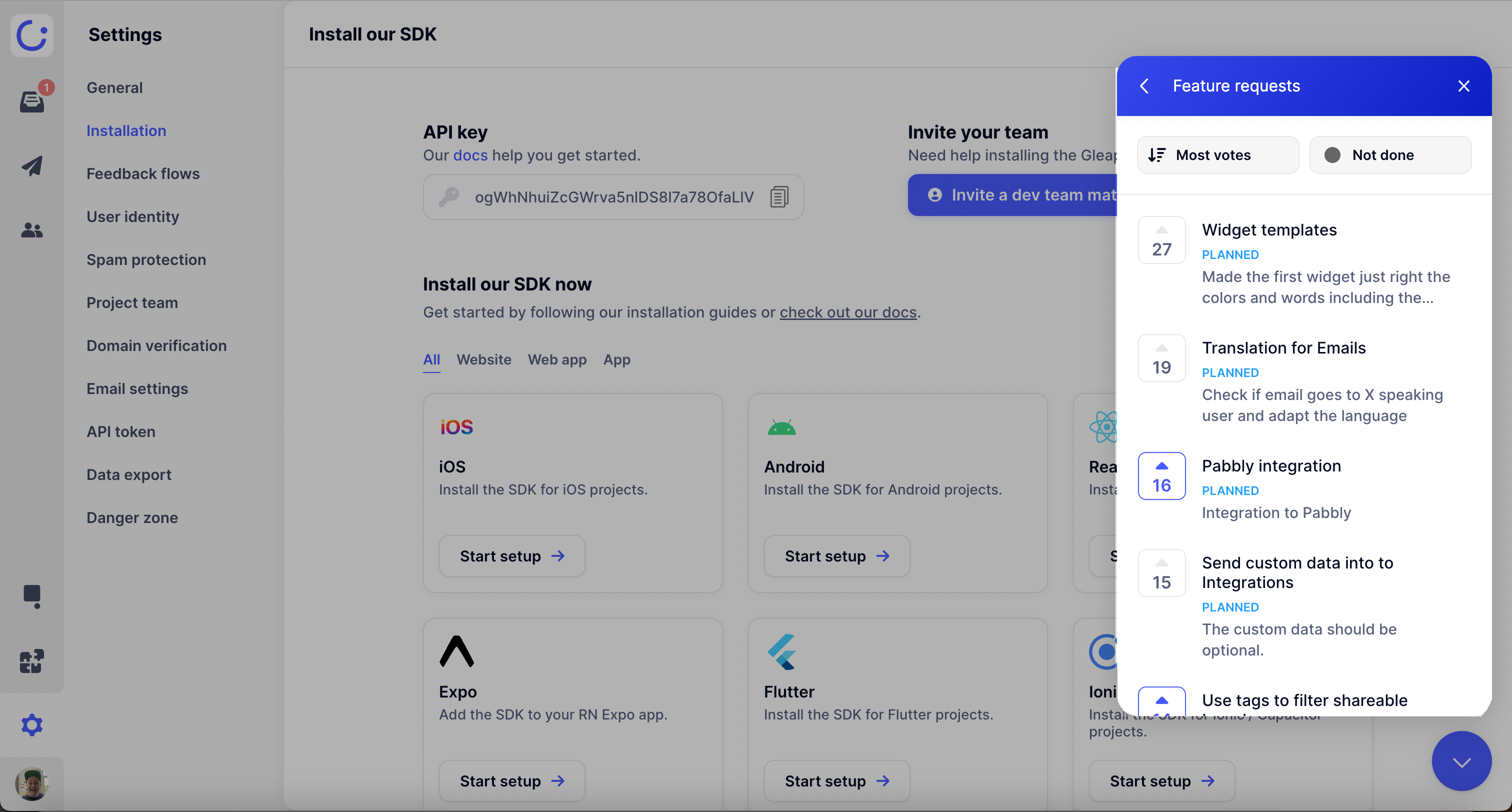 JavaScript SDK: Feature requests - Gleap Documentation