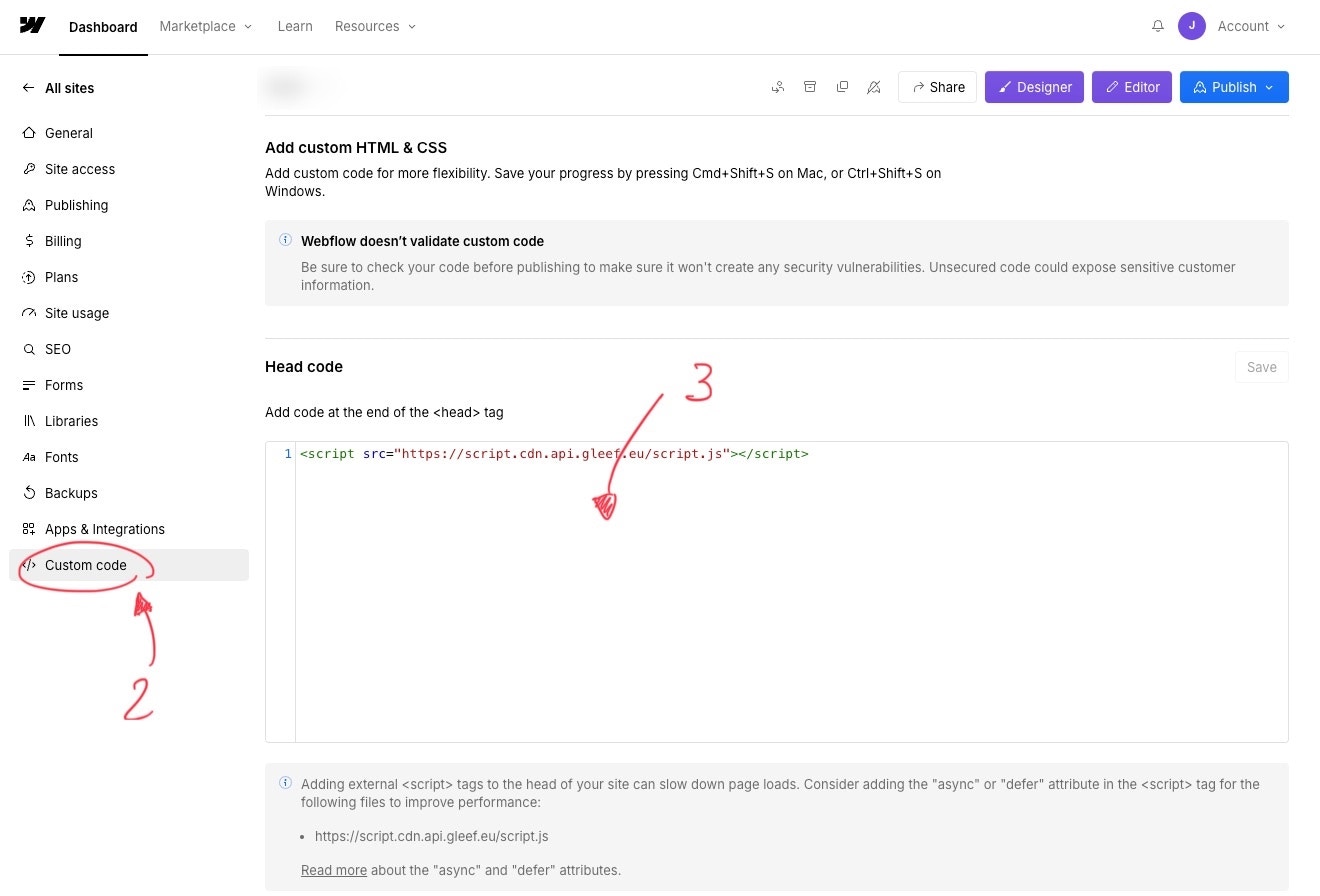 Webflow integration instructions screenshot