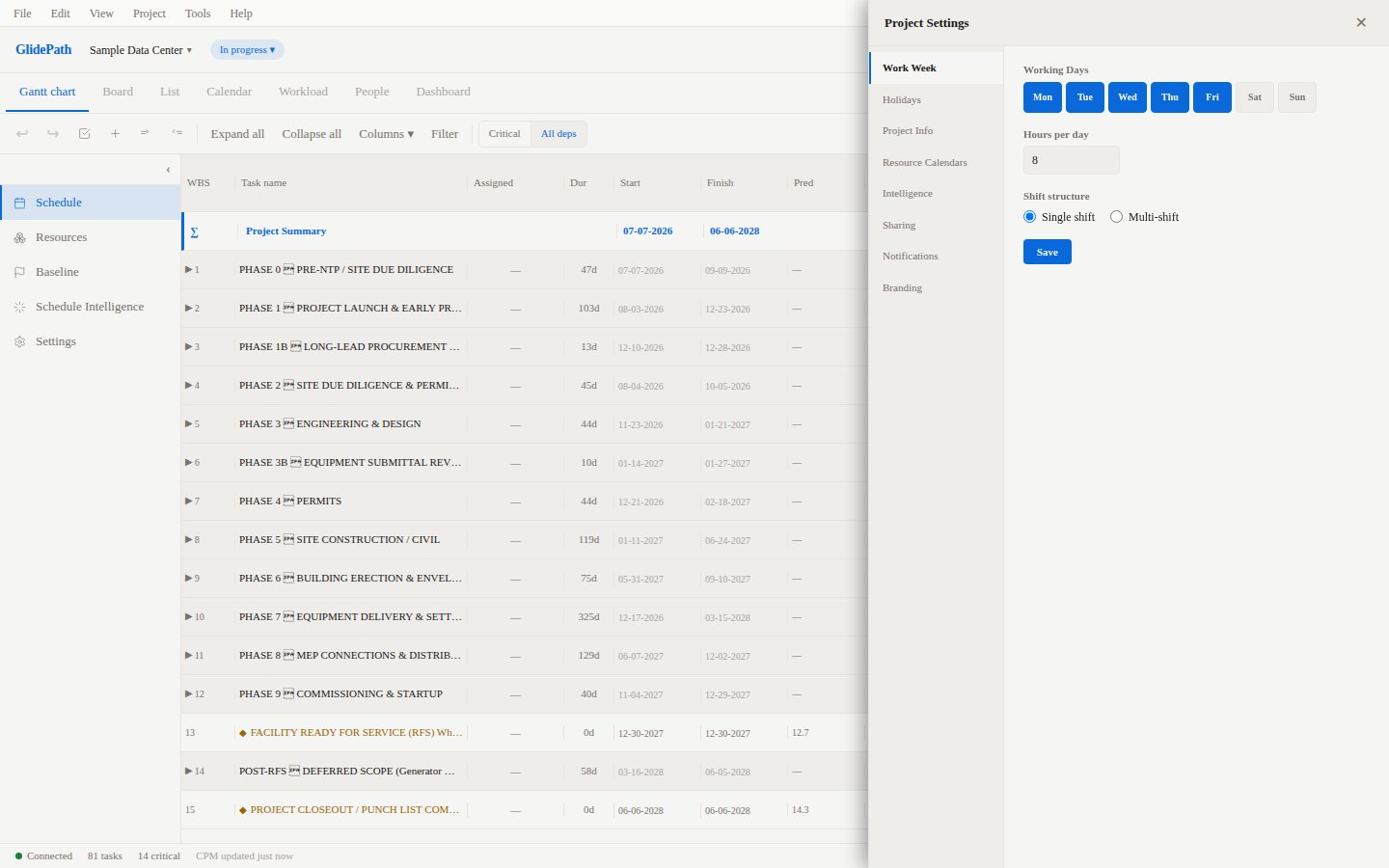 Calendar and Project Settings Dialog