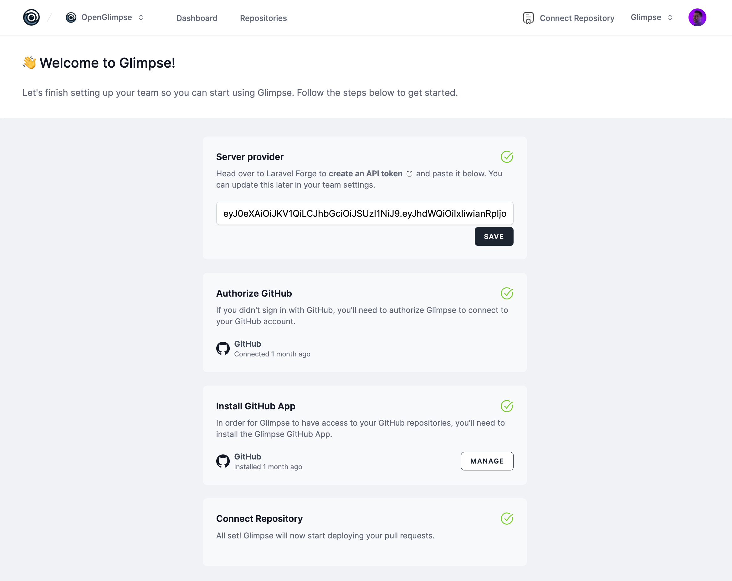 Glimpse onboarding screen