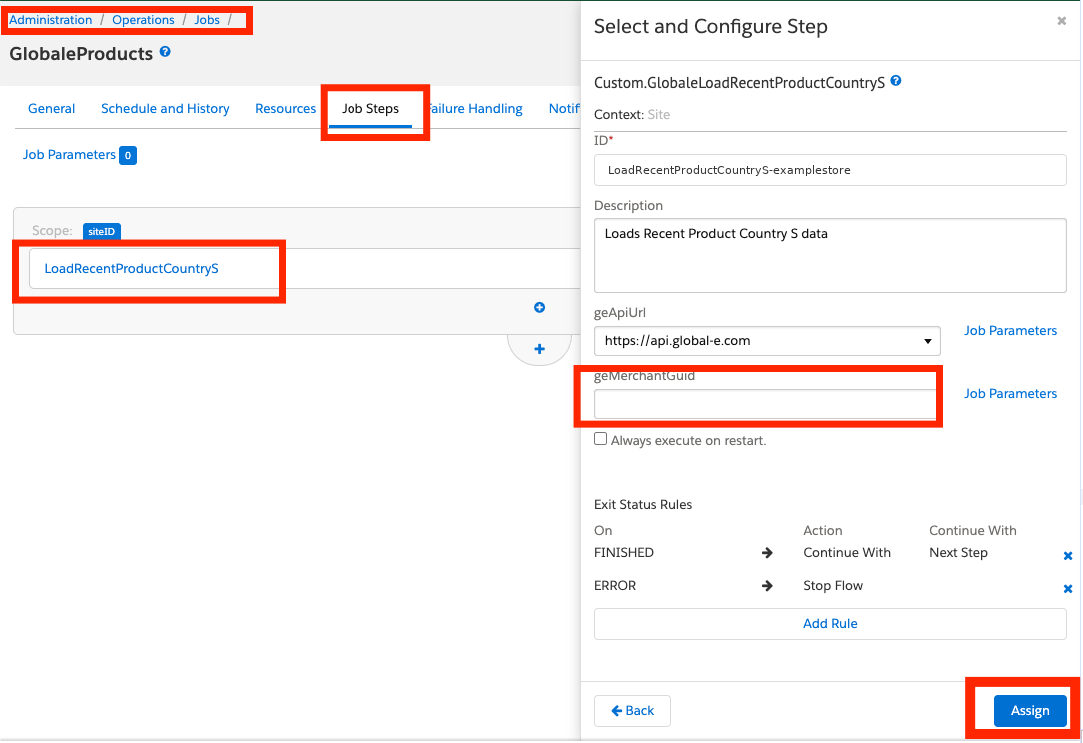 The GlobaleProducts job in SFCC, on the Job Steps tab, with the LoadRecentProductCountryS step open and its geMerchantGuid parameter highlighted.