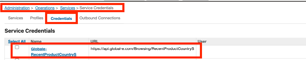 SFCC Service Credentials list, showing the Globale-RecentProductCountryS row and its URL.