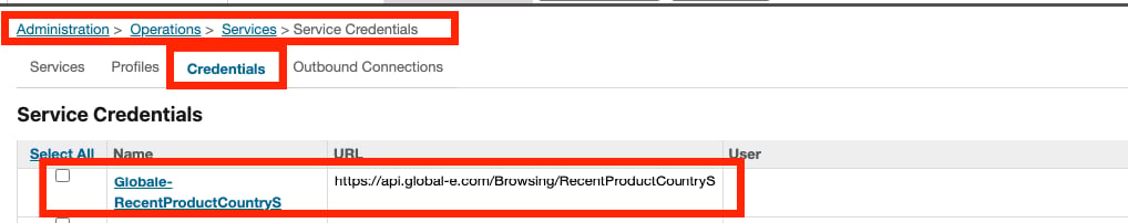 SFCC Service Credentials list, showing the Globale-RecentProductCountryS row and its URL.