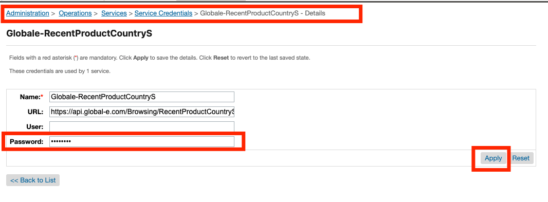The Globale-RecentProductCountryS credential detail page, showing the Password field that holds the Merchant GUID.
