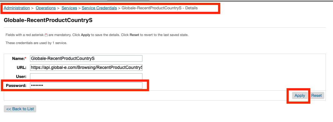 The Globale-RecentProductCountryS credential detail page, showing the Password field that holds the Merchant GUID.