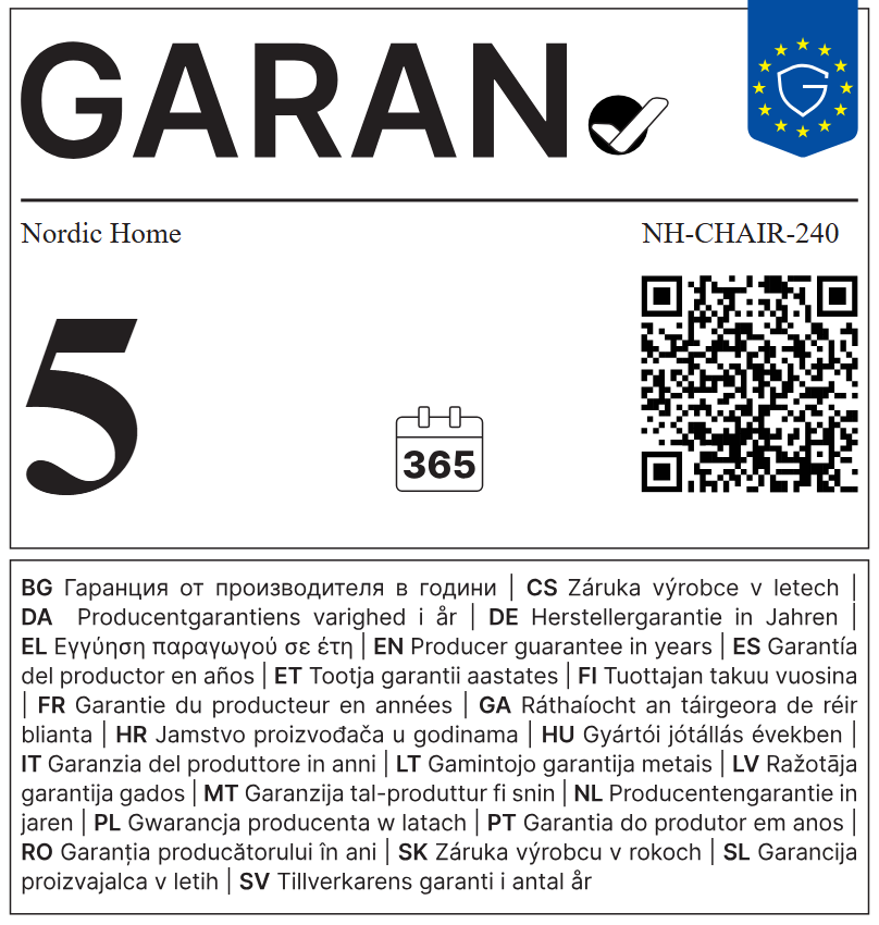 The official Commission GARAN durability label, filled in with example years, brand and model.