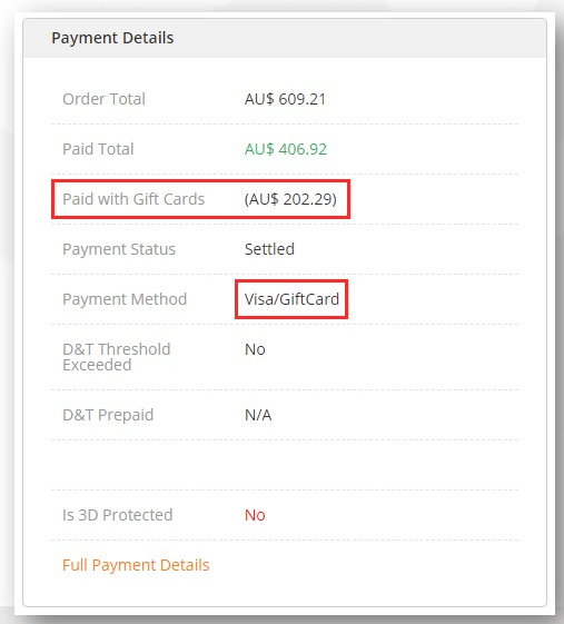 Gift card purchase in Payment Details