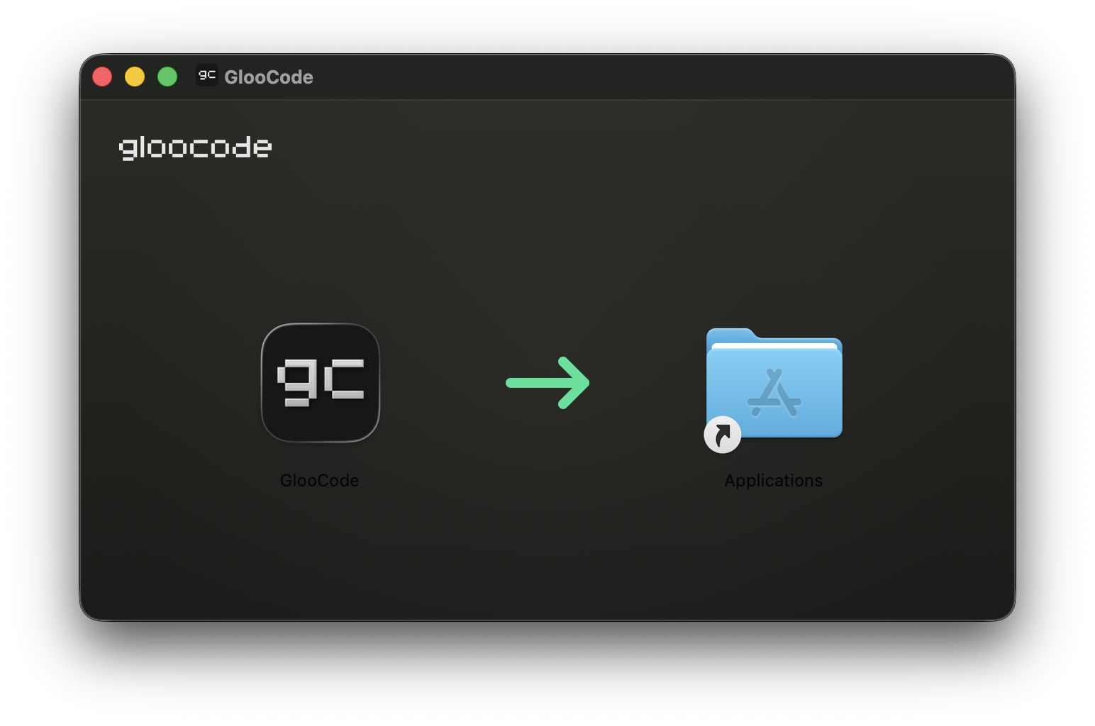 The Gloo Code DMG window with the app icon next to the Applications folder shortcut