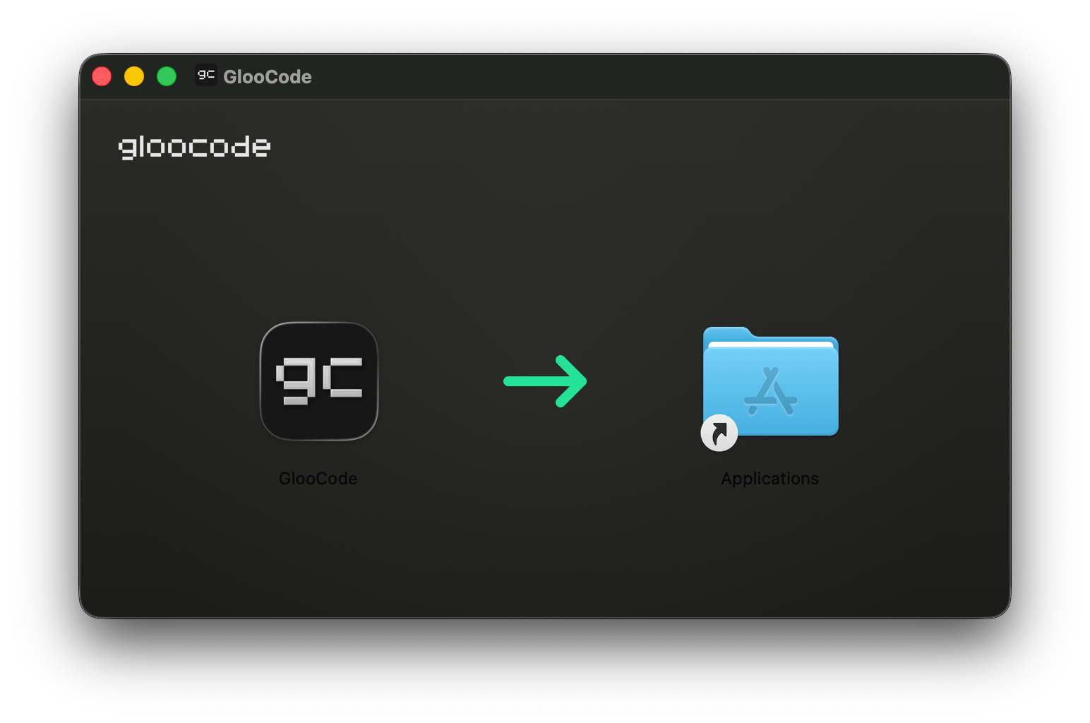 The Gloo Code DMG window with the app icon next to the Applications folder shortcut