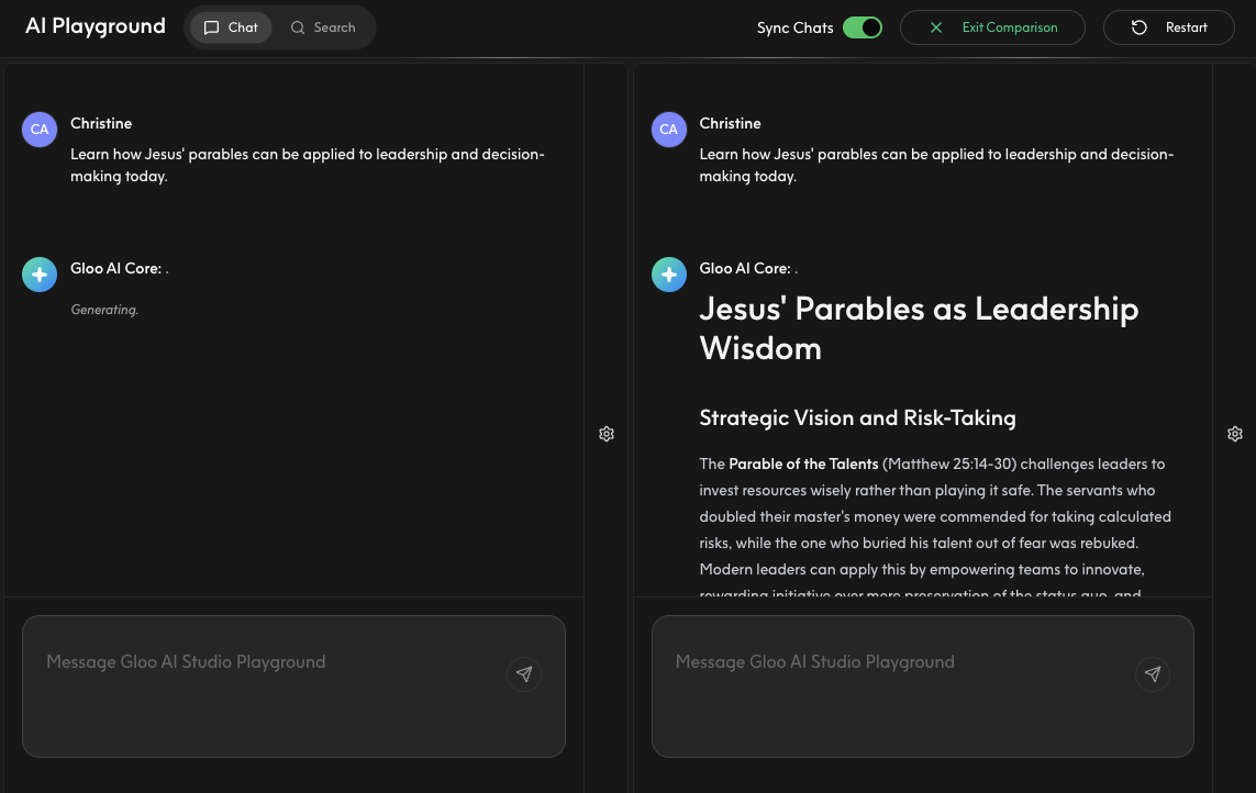 Split-screen comparison showing responses from two different models