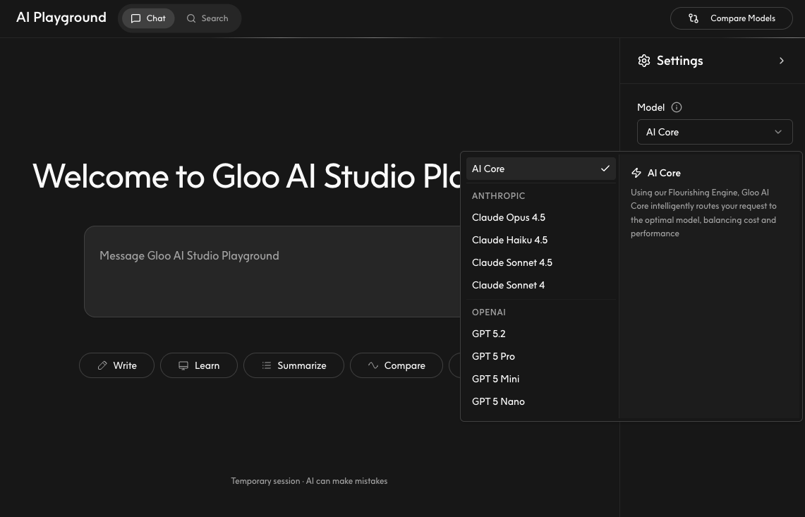 Model dropdown showing AI Core, Anthropic, and OpenAI categories