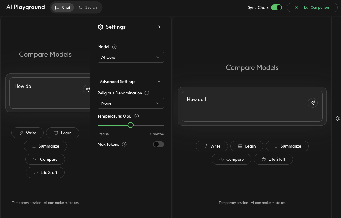 Advanced settings panel showing denomination, temperature, and max tokens controls